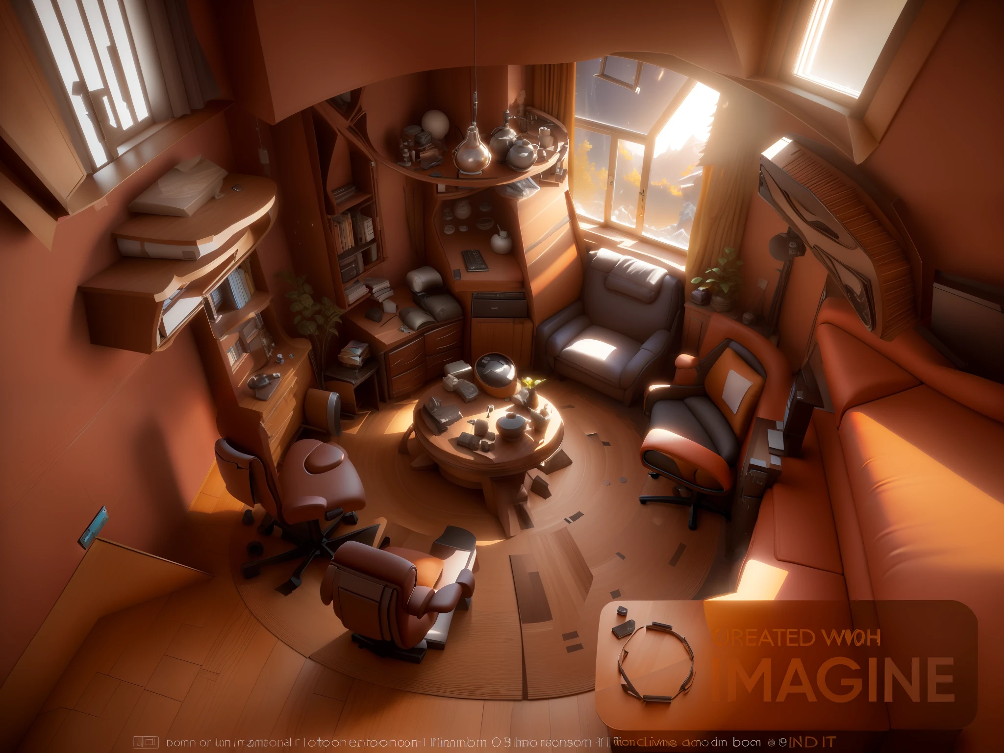 a close up of a room with a desk and a chair, a living room with a couch and fireplace, big window,3 d stylize scene, 3 d render stylized, stylized 3d render, stylized concept art, stylized game art, 3 d epic illustrations, (octane render) fantasy style, 3 d videogame render, indie game concept art, rolands zilvinskis 3d render art