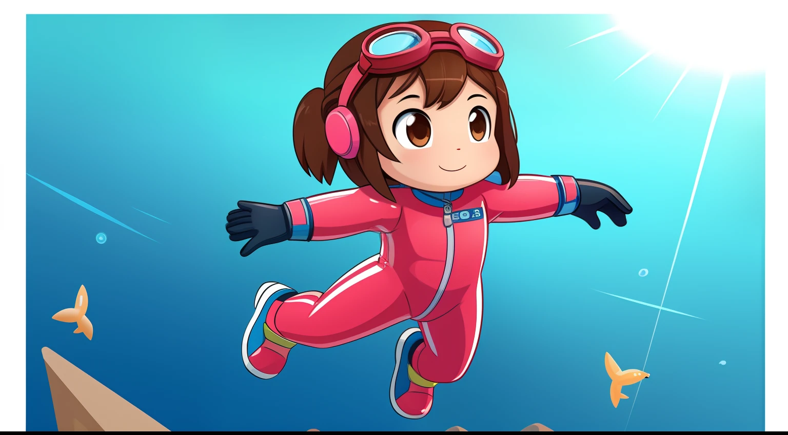 "Image of a 5--old l swimming in the deep sea, with brown hair, goggles, pink diving suit, diving gloves, diving shoes, 2D illustration style, full body view."