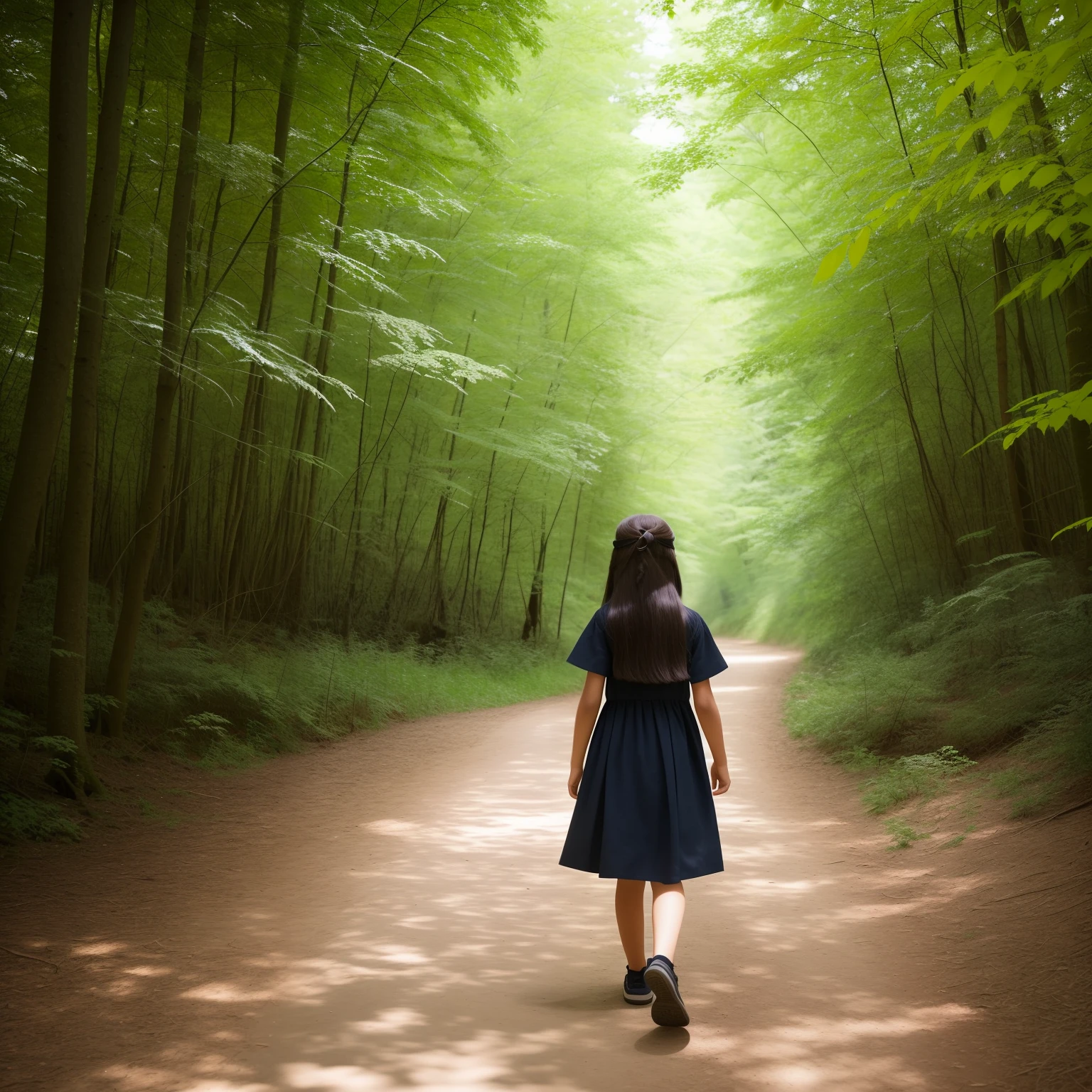 A -year girlith long hair, black, ultra resolution, 4k, 8k, high quality, blue eyes, walking through the forest, with lakes;