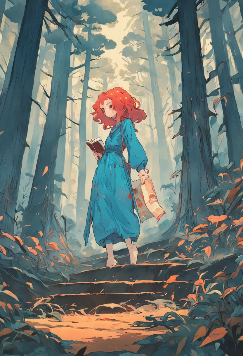 Une femme lisant un livre en marchant dans les bois. Dans le style de James Jean, Minimalisme inkpunk. Dans le style Tim Burton.