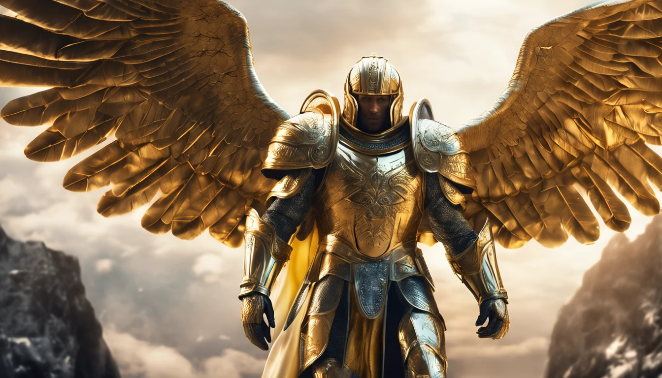 Realistic image of Archangel St. Michael with a golden armor and eyes coming out light looking forward