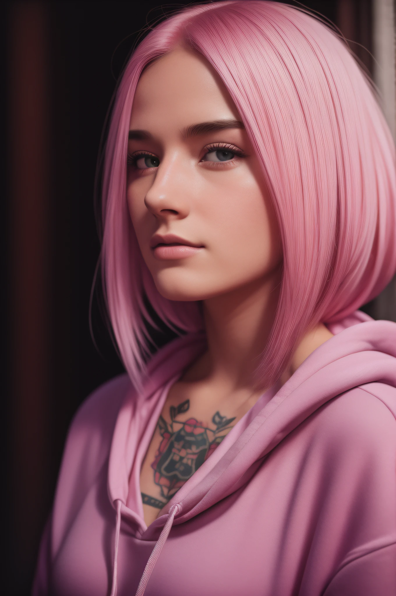 (close-up editorial photo of 20 yo woman, wearing hoodie, looking at viewer, pink hair, solo, tattoo on face, upper body, detailed background, town, alley) (standing:1.2) (dim lit room:1.4) POV, by lee jeffries, nikon d850, film stock photograph ,4 kodak portra 400 ,camera f1.6 lens ,rich colors ,hyper realistic ,lifelike texture, dramatic lighting , cinestill 800,