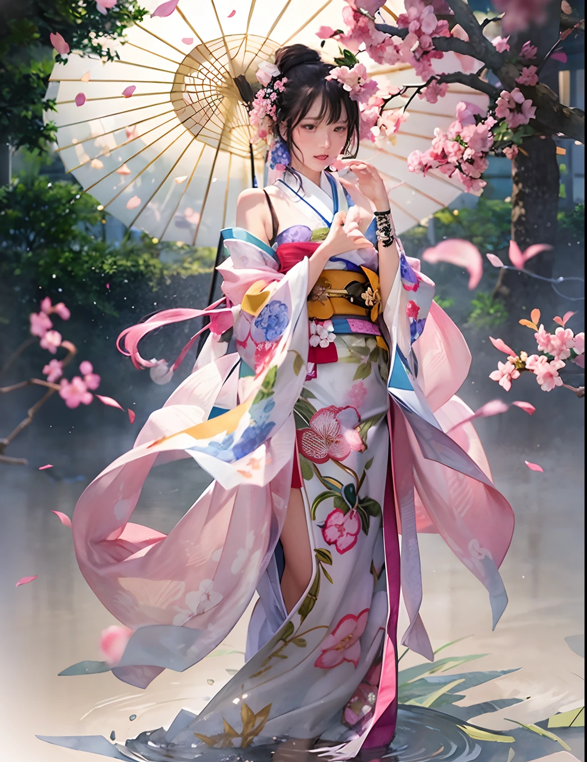 female dancer, silk cheongsam, small breast, perfect body shape, mage, sakura pattern, holding old umbrella, wind effect, wet, smugging face, nipple, scraft, under
