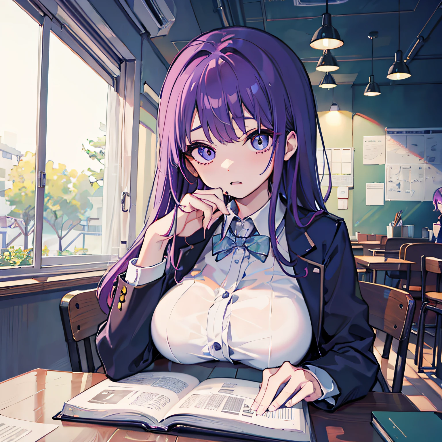 Beautiful woman　Studying　Focused face　on desk　Inside the café　By morning　发光　Morning view　Test Preparation　Pupils　Purple hair　Studying Mathematics　Colossal tits　Beautiful eyes that seem to be sucked in