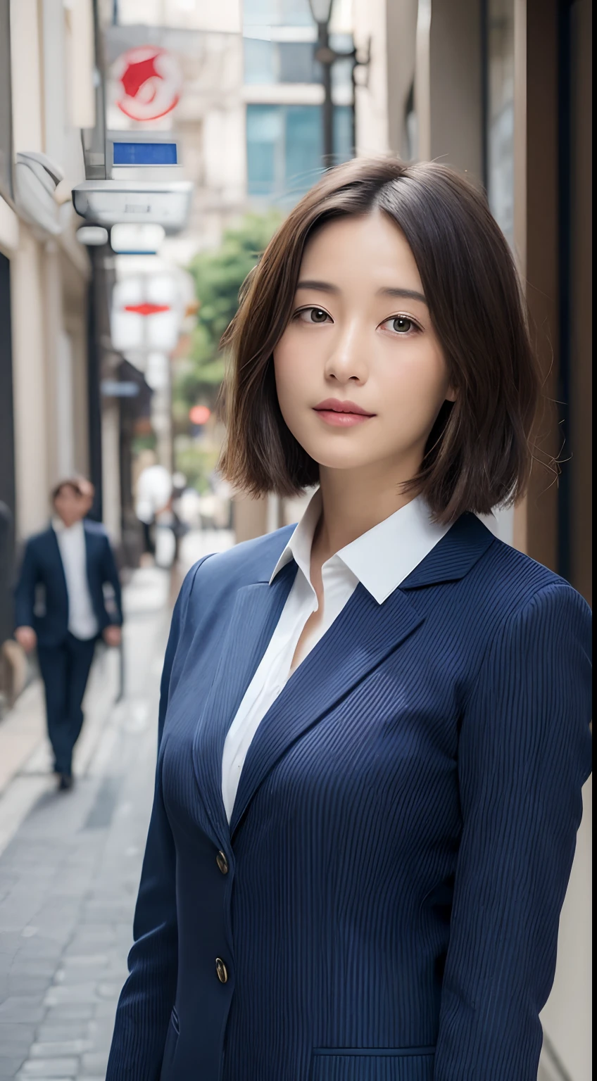 ((top-quality、8k、masterpiece:1.3))、Crisp focus:1.2、Beautiful woman with perfect body shape:1.4、Slender abs:1.2、((short-cut、small tits:1.2))、(Blazer button-up shirt over very thin white:1.1)、Street:1.2、Highly detailed facial and skin texture、A detailed eye、二重まぶた