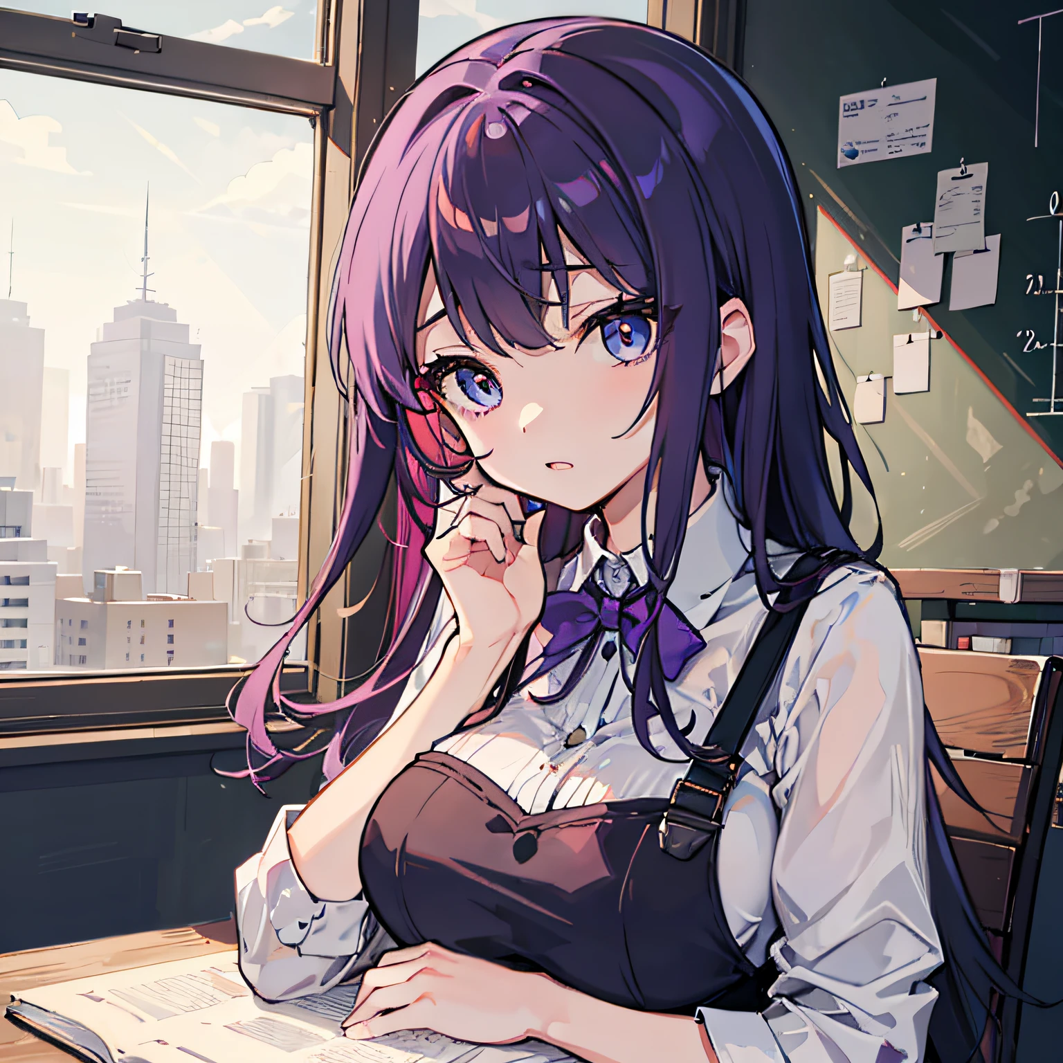 Beautiful woman Studying Focused face on desk Inside the café By morning 发光 Morning view Test Preparation Pupils Purple hair Studying Mathematics Colossal tits Beautiful eyes that seem to be sucked in