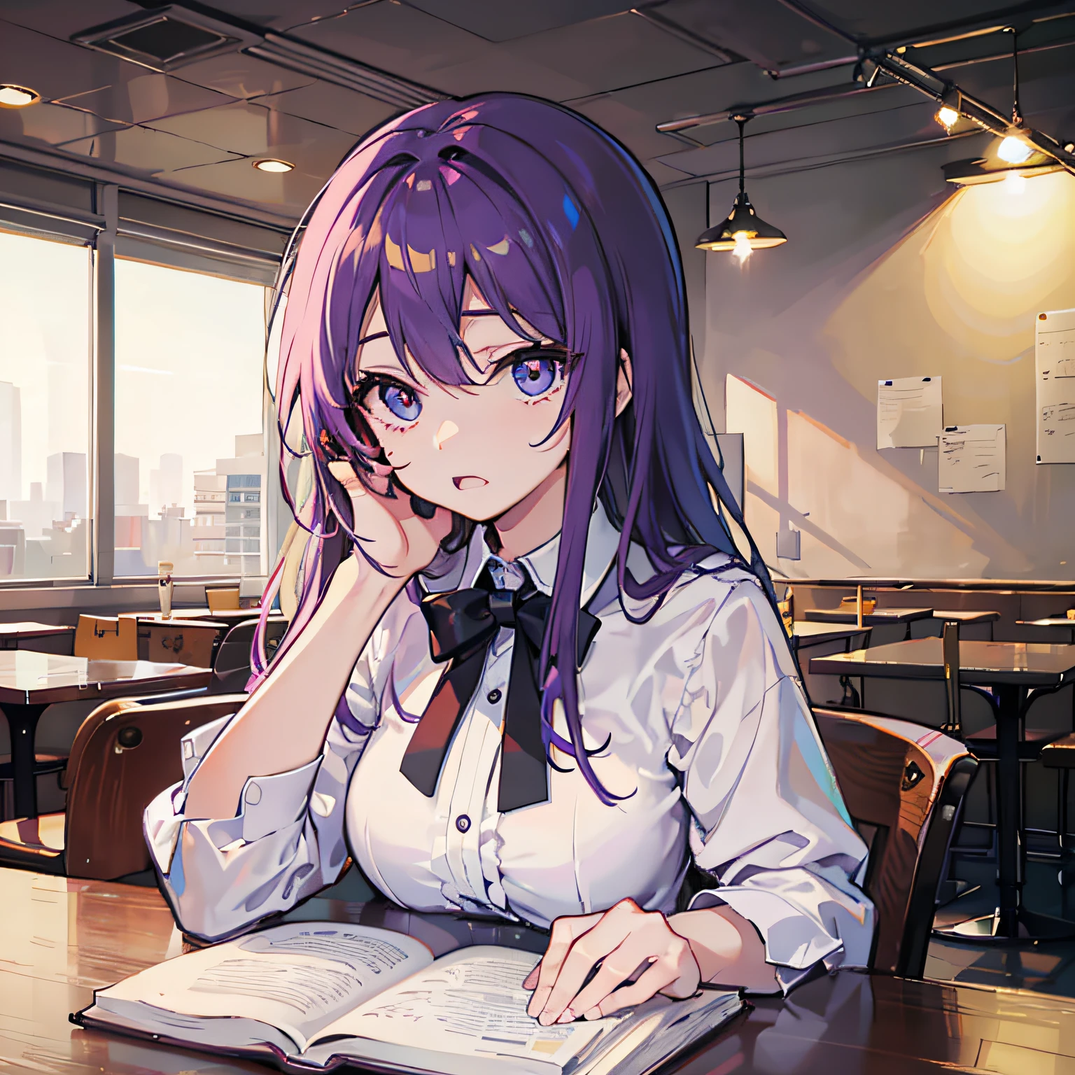 Beautiful woman Studying Focused face on desk Inside the café By morning 发光 Morning view Test Preparation Pupils Purple hair Beautiful eyes that seem to be sucked in
