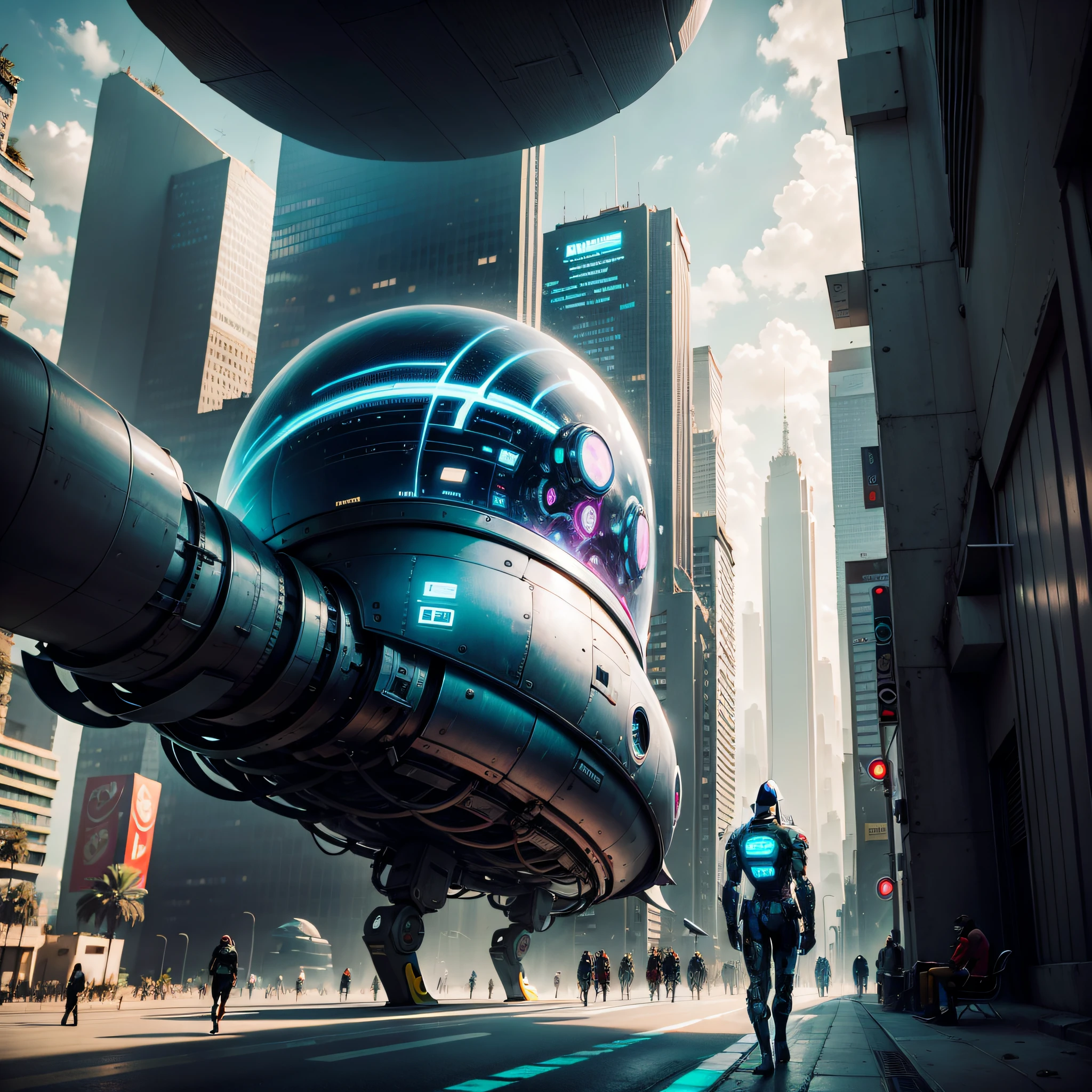 en un paisaje futurista de una ciudad altamente tecnologica, con grandes maquinarias una cyborg pasea por sus calles