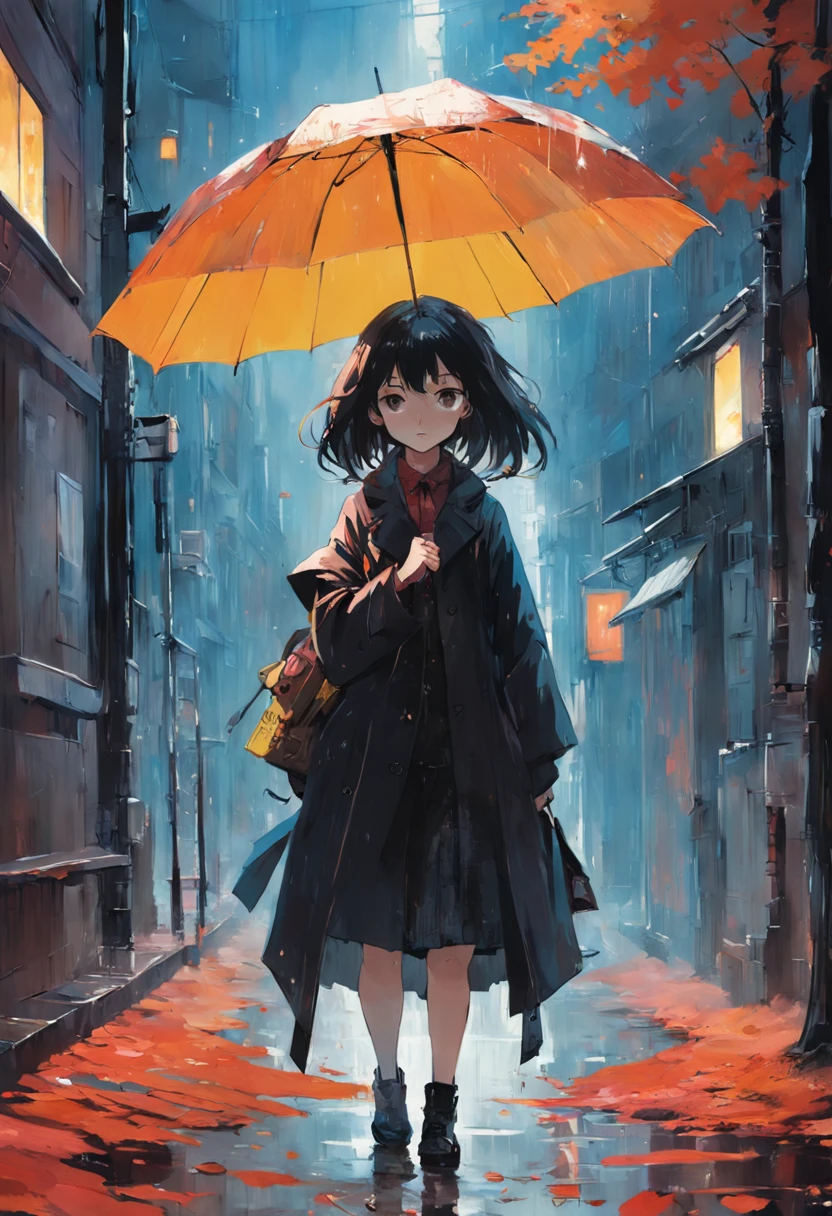 Une femme tenant un parapluie. Automne. Dans le style de Adrian Ghenie, Minimalisme inkpunk. Dans le style Tim Burton.