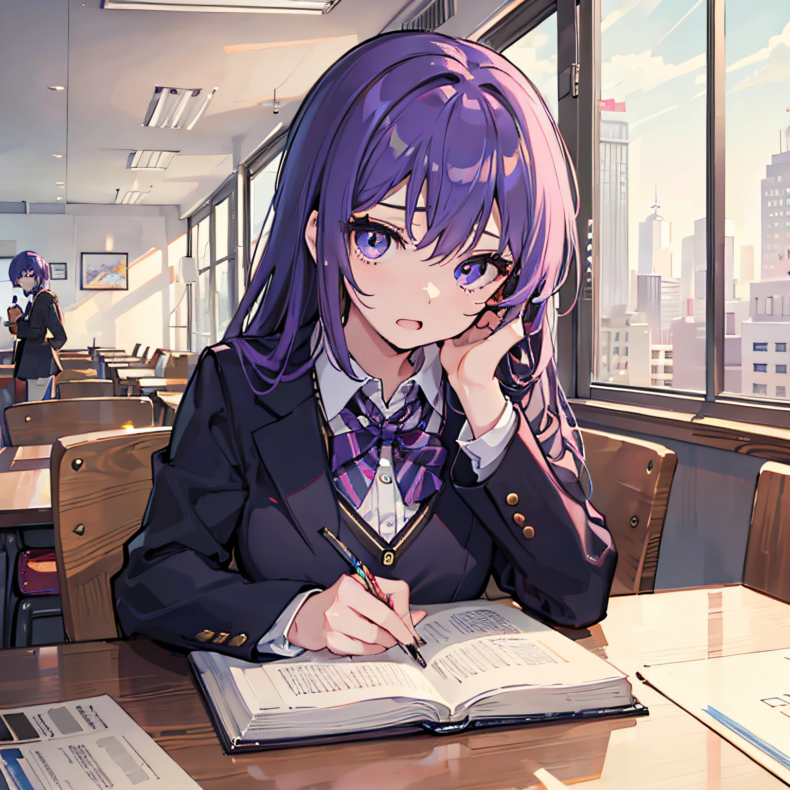 Beautiful woman Studying Focused face on desk Inside the café By morning 发光 Morning view Test Preparation Pupils Purple hair Beautiful eyes that seem to be sucked in
