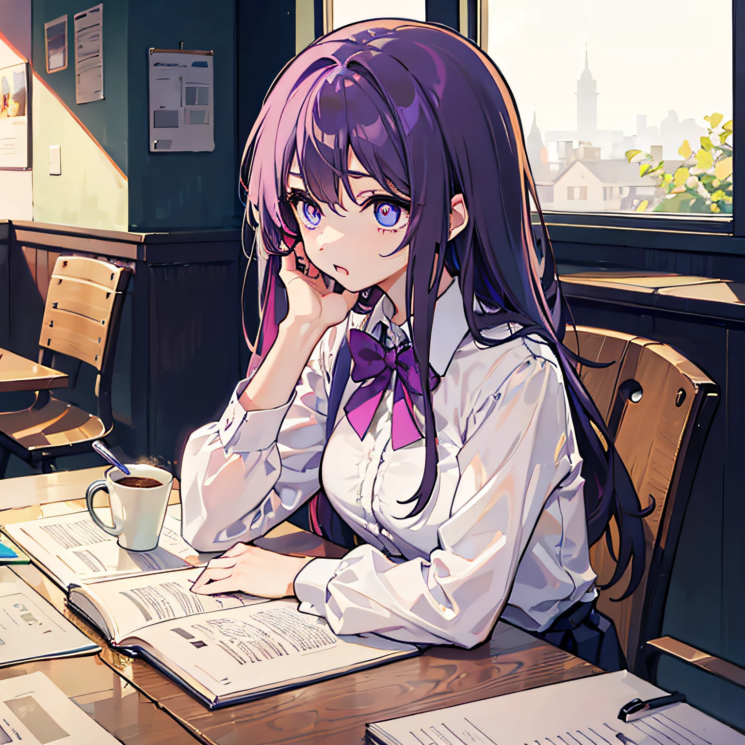 Beautiful woman　Studying　Focused face　on desk　Inside the café　By morning　发光　Morning view　Test Preparation　Pupils　Purple hair　Beautiful eyes that seem to be sucked in