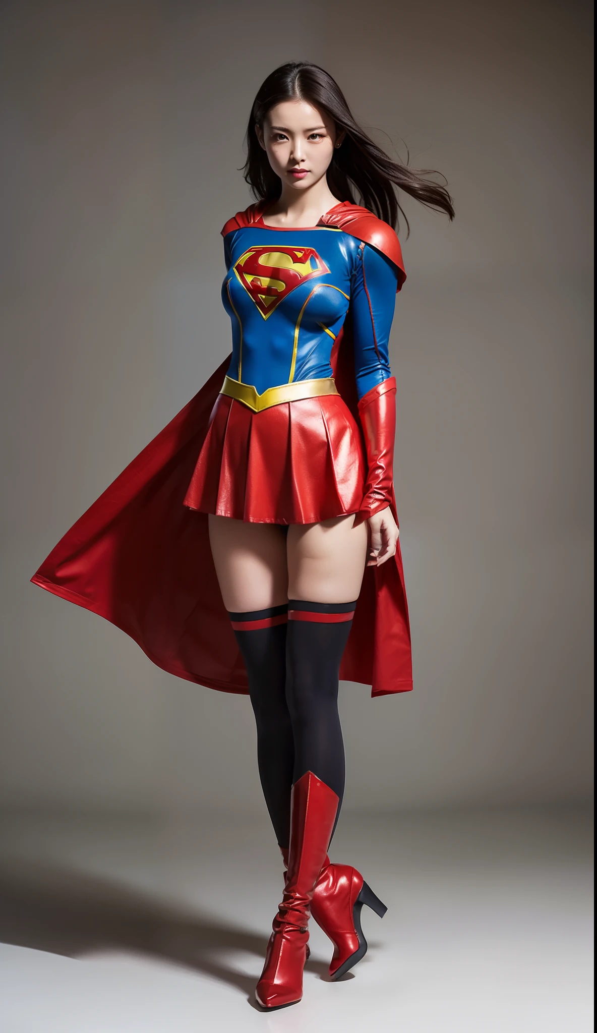 Be sure to wear black tights、(((Make the most of the original image)))、(((Supergirl Costume)))、(((shiny short hair)))、(((Suffering)))、(((Feet must necessarily be worn with black tights)))、(((Smile)))、(((You need to wear red boots)))、((Top image quality、8K))、((top-quality、8K、masterpiece:1.3))、(((Keep your background simple)))、Crisp focus:1.2、Beautiful woman with perfect body shape:1.4、Slender Abs:1.2、((layers-Cut、large boob:1.2))、a wet body:1.5、Highly detailed facial and skin texture、