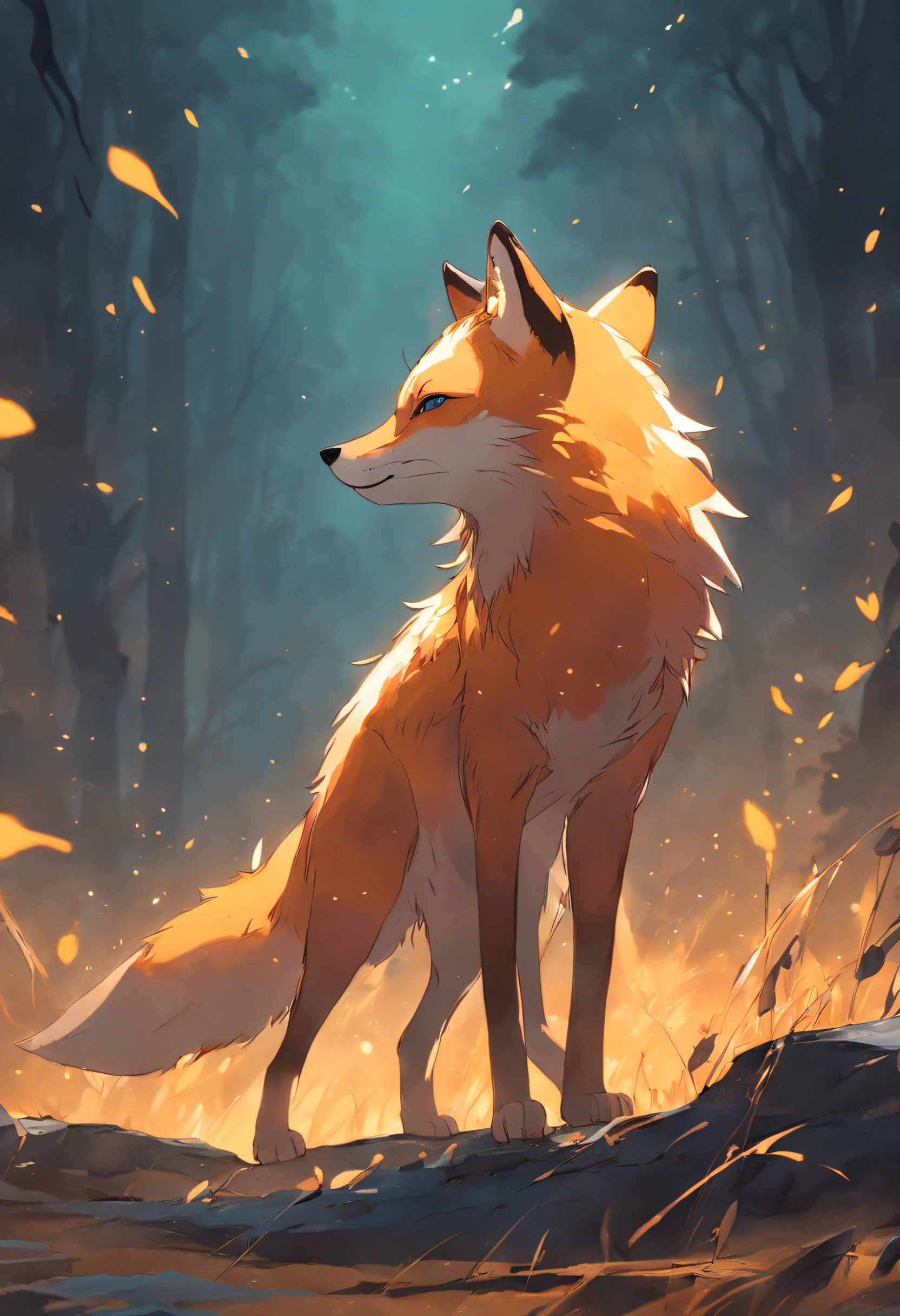 A majestic wild fox standing in its natural habitat, showing its powerful presence and vibrant coating.
