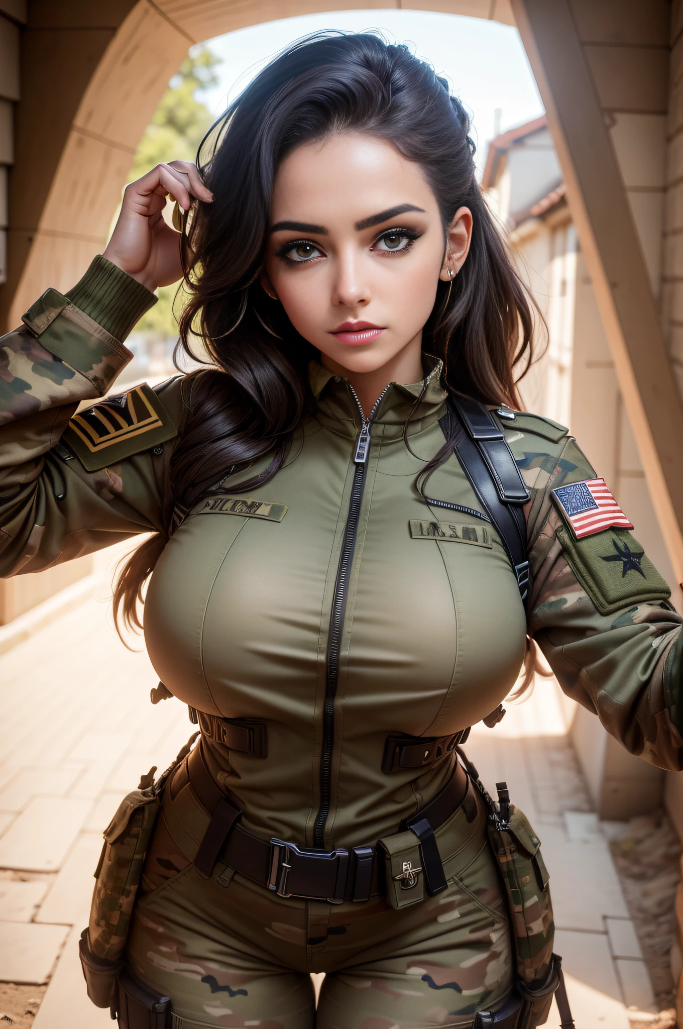 illustration, ((best work)), ((very detailed))l, beautiful woman, long black purple hair, medium breasts, army uniform, green camouflage, trousers, angry face, m_16 machine gun, unreal machine, body anatomy perfect, big thighs, background, shops, highway, busy, intricate, ultra hd, highly detailed, realistic, 8k resolution