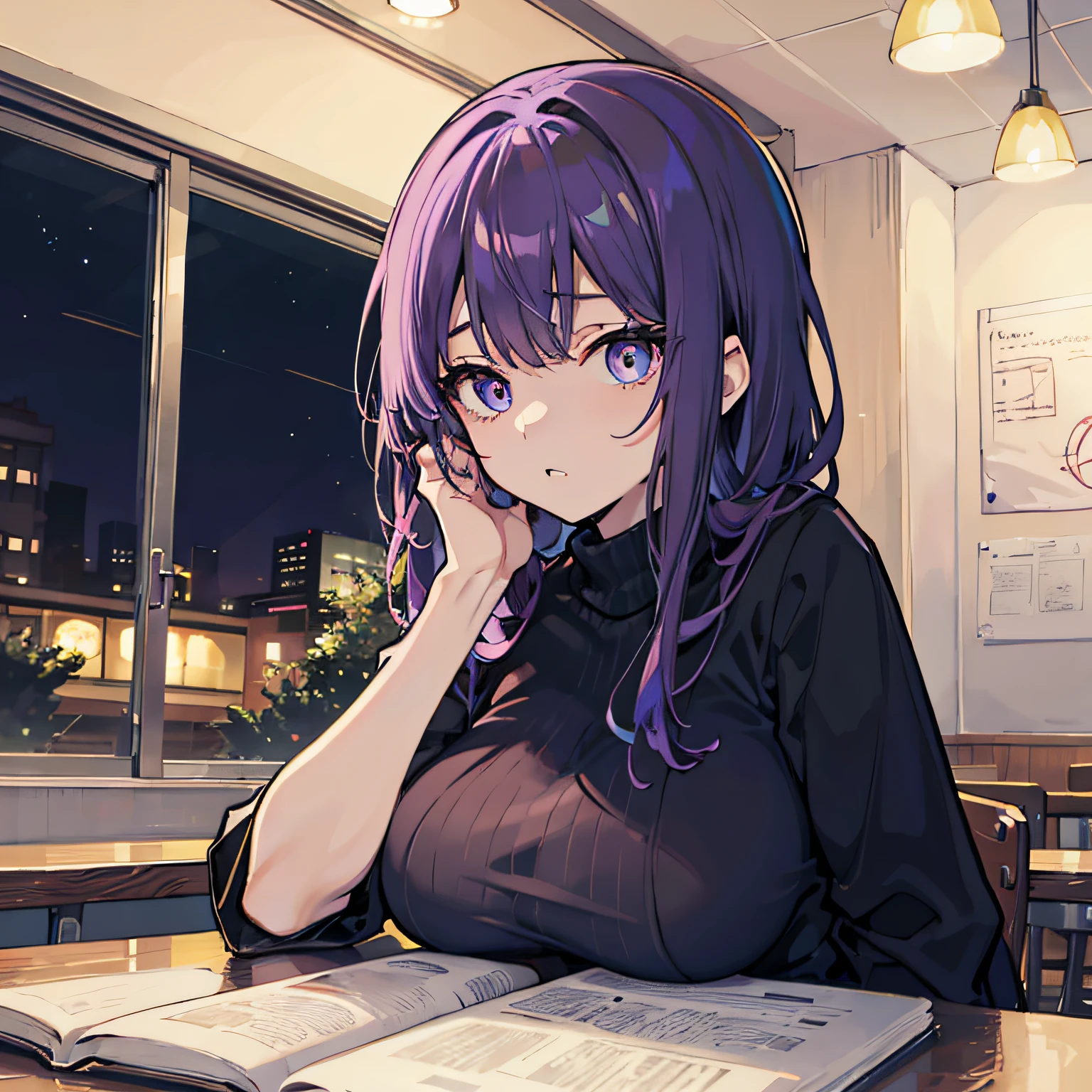 Beautiful woman Studying Focused face on desk Inside the café deep in the night murky nighttime scene starrysky Test Preparation Pupils Purple hair Studying Mathematics Colossal tits Beautiful eyes that seem to be sucked in