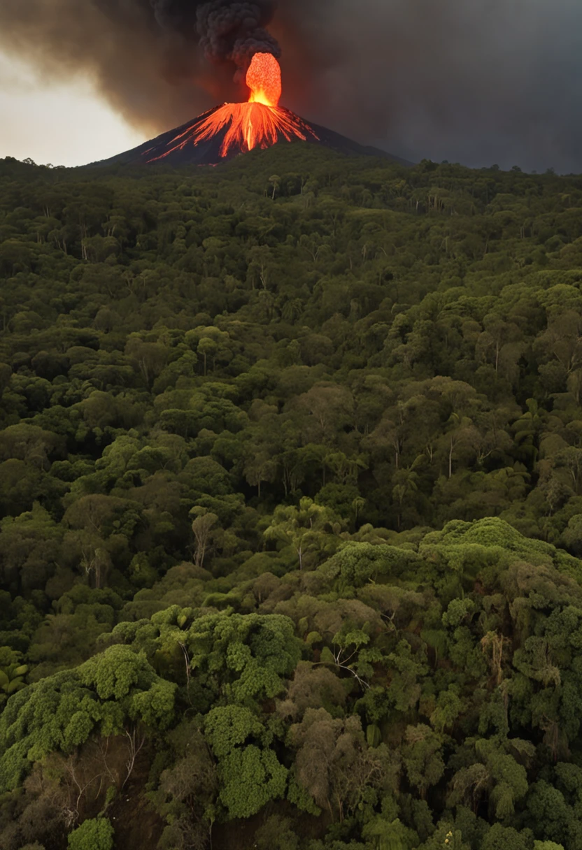 Generate an ultra-realistic image at 16 aspect ratio:9. Em primeiro plano, with pieces of the volcano falling from the sky, Present a dense forest with spots with fires and smoke, rich in detail and with variations of light filtered between the trees. Atravessando essa floresta, Visualize a vast green field that stretches until you find an imposing erupting volcano on the distant horizon. The rash should be powerful, with visible smoke and lava, creating a contrast of serenity of the countryside and the intensity of the volcano. A parte inferior da imagem, especially the region closest to the forest, deve ter um desfoque sutil, conferindo profundidade e foco ao restante da cena." --a