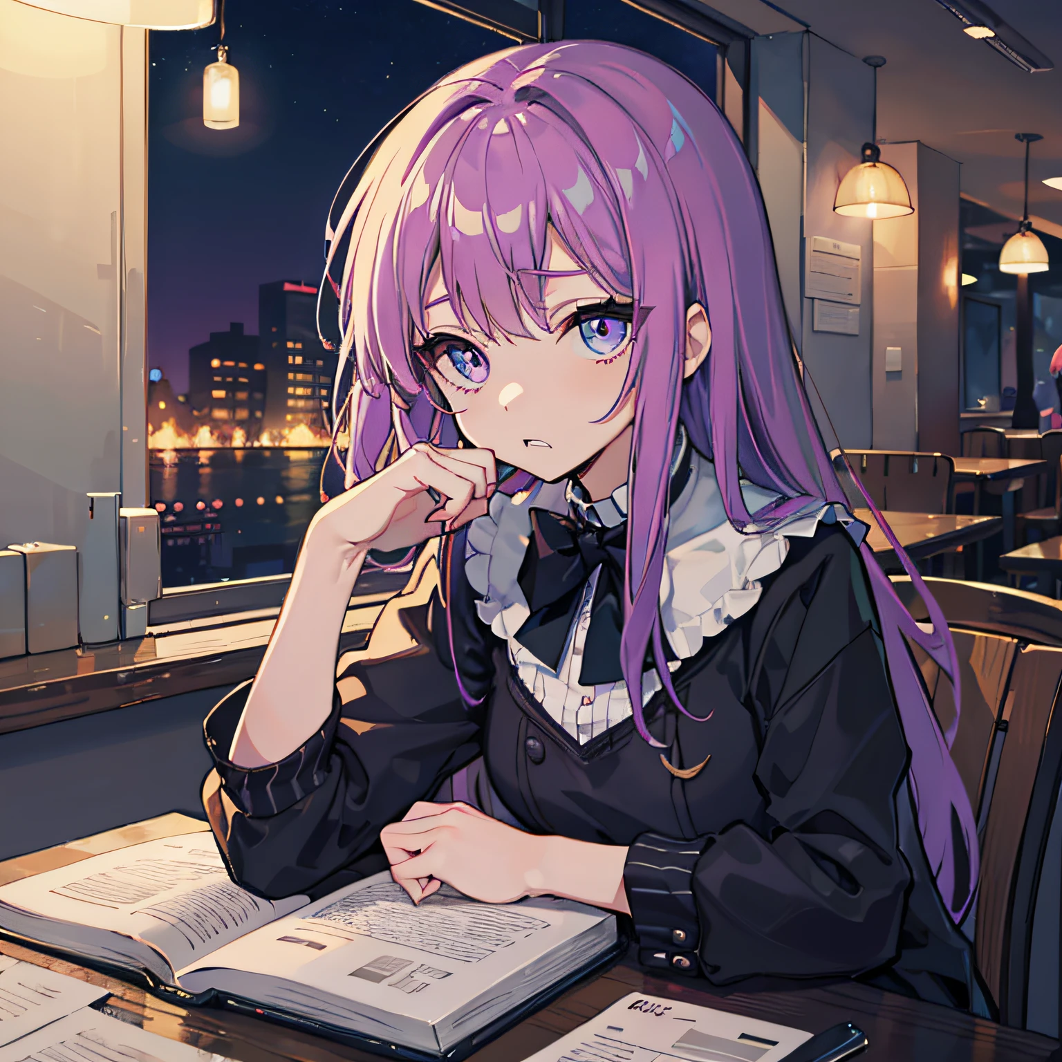 Beautiful woman Studying Focused face on desk Inside the café deep in the night murky nighttime scene starrysky Test Preparation Pupils Purple hair Beautiful eyes that seem to be sucked in
