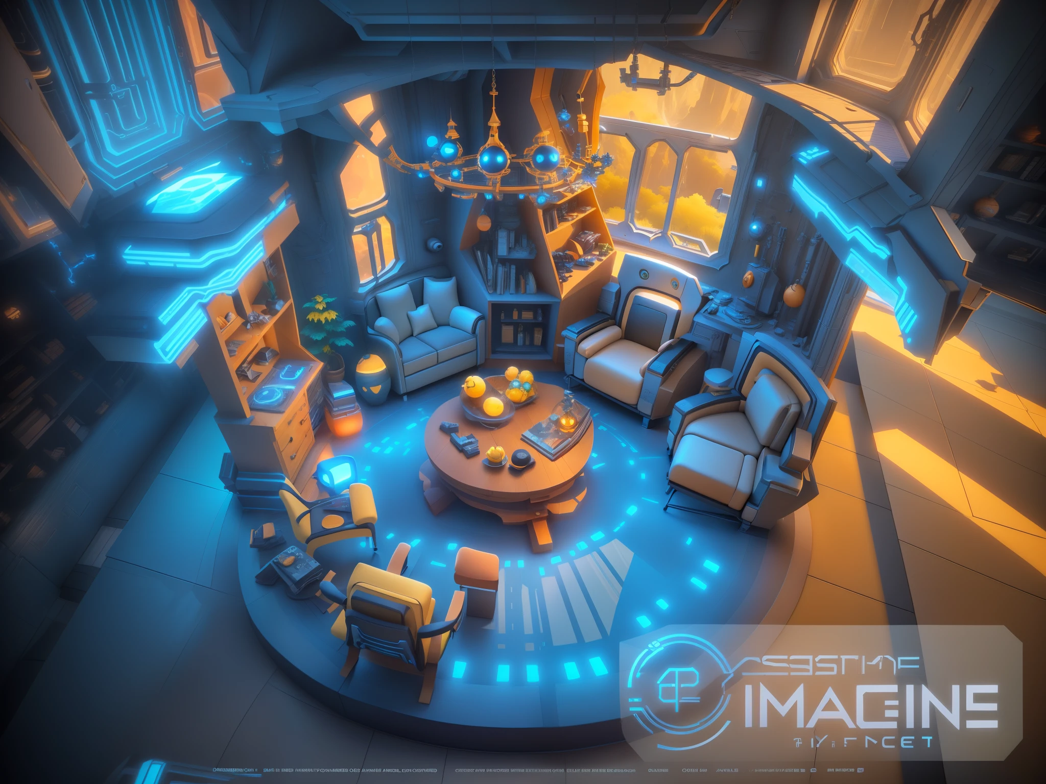 a rendering of a spaceship room with a table and chairs, 3 d stylize scene, couch and fireplace, big window,3 d render stylized, stylized 3d render, sci-fi setting, sci - fi setting, sci fi setting, stylized concept art, surreal sci fi set design, 3 d videogame render, videogame 3d render, scifi setting, stylized game art