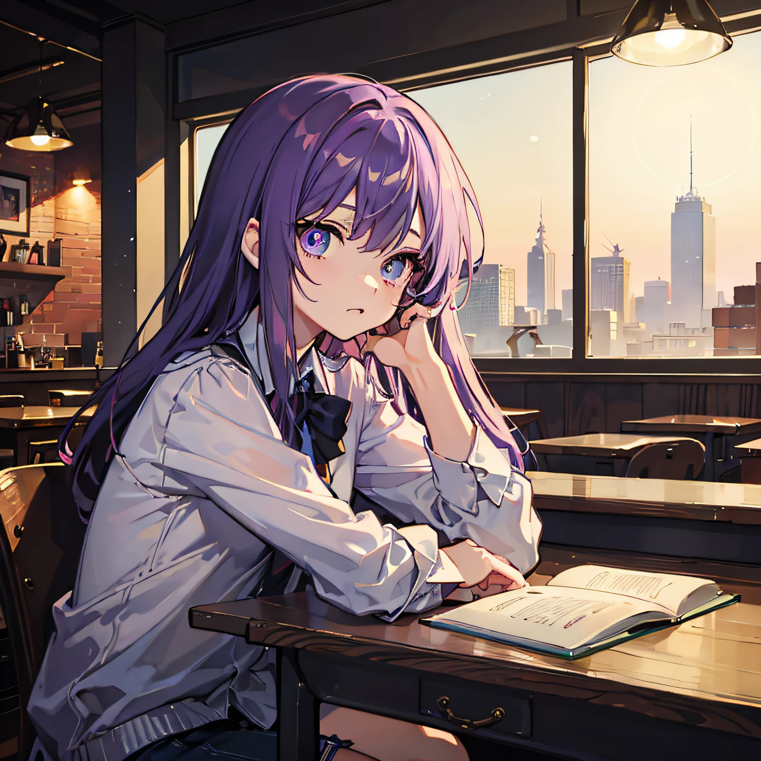 Beautiful woman　Studying　Focused face　on desk　Inside the café　deep in the night　murky　nighttime scene　starrysky　Test Preparation　Pupils　Purple hair　Beautiful eyes that seem to be sucked in