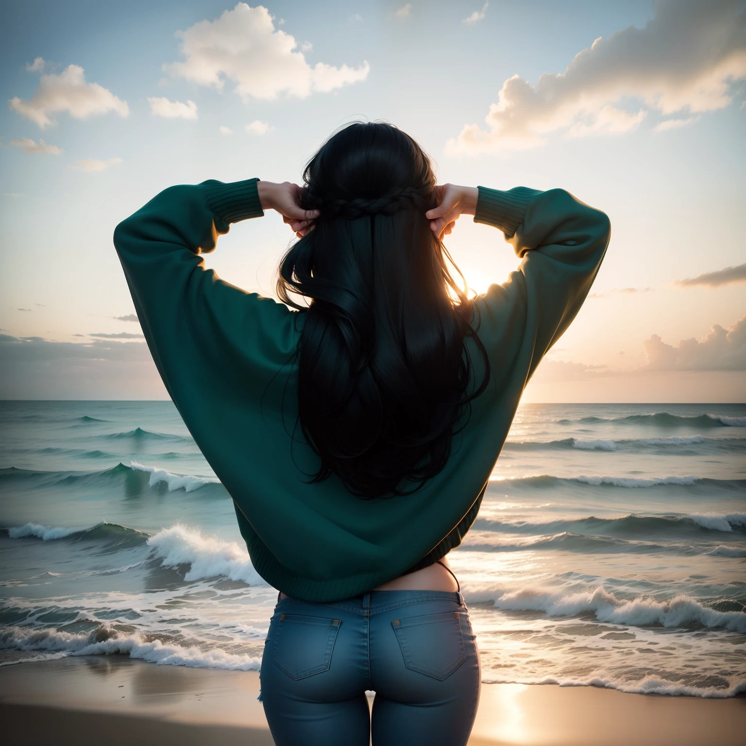 There's a woman on the beach with her hands on her head and her hair, standing at the beach, no mar, O oceano ao fundo, em uma praia, Olhando para o oceano, menina olhando para as ondas do mar, na praia, facing away from camera, in dark blue jeans and a dark green sweater, of black locks and facing away from the camera, posando em uma praia com o oceano, vista para o mar