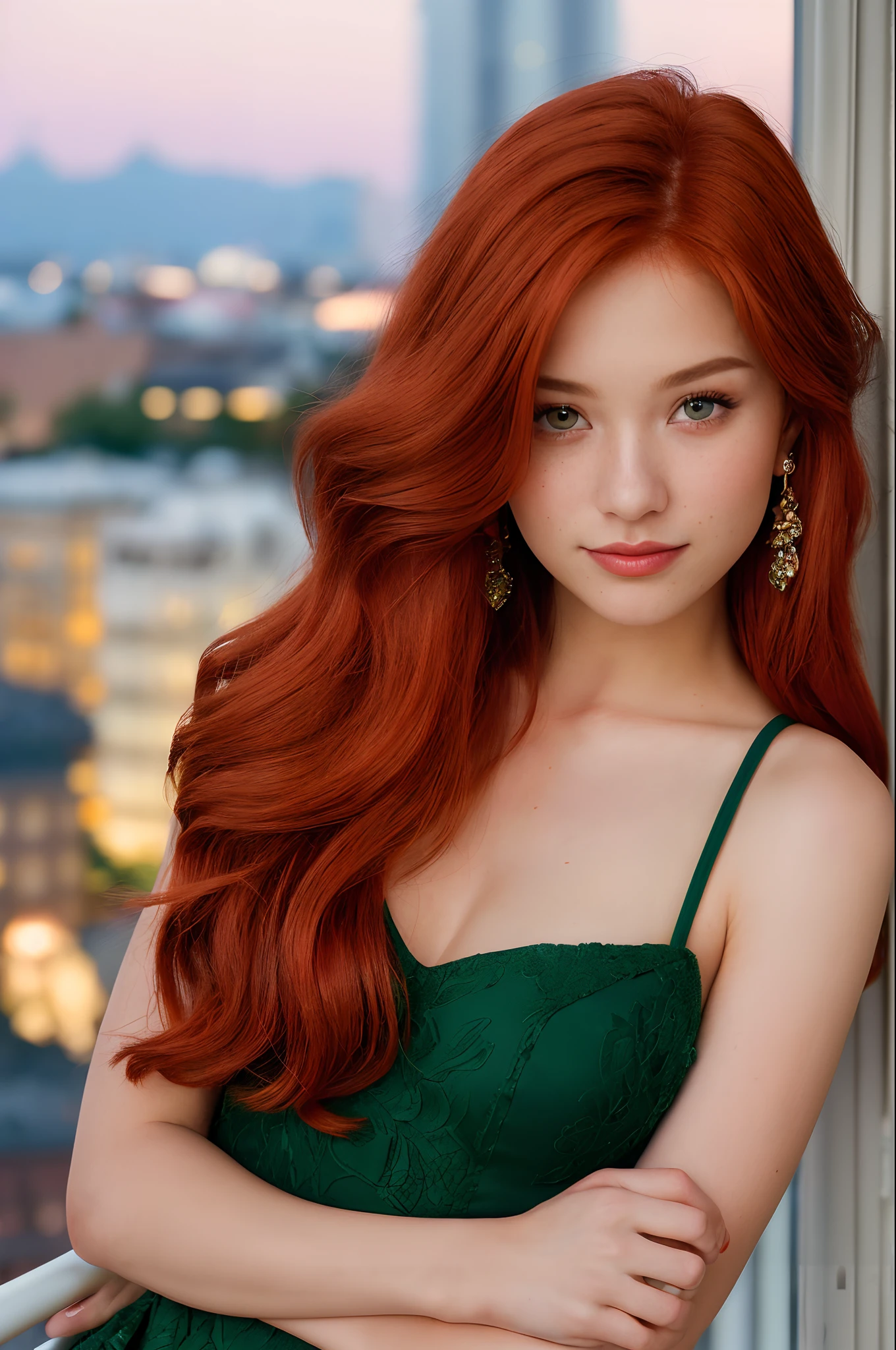 (a closeup of a, Editorial photo of a 21-year-old red-haired woman), (Highly detailed face:1.4)(Evening complex high hairstyle)(Evening green dress) (Smile:0.7) (The background inside is a luxury, balcony of an elite restaurant, the night, urban landscape, private study:1.3) ass pov, Nikon D850, film stock photograph ,4 Kodak Portra 400 ,camera f1.6 lens ,saturated colors ,hyper realistic ,lifelike texture, dramatic lighting , Cinestill 800,
