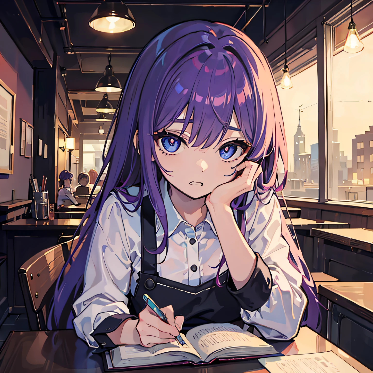 Beautiful woman　Studying　Focused face　on desk　Inside the café　deep in the night　murky　nighttime scene　starrysky　Test Preparation　Pupils　Purple hair　Beautiful eyes that seem to be sucked in