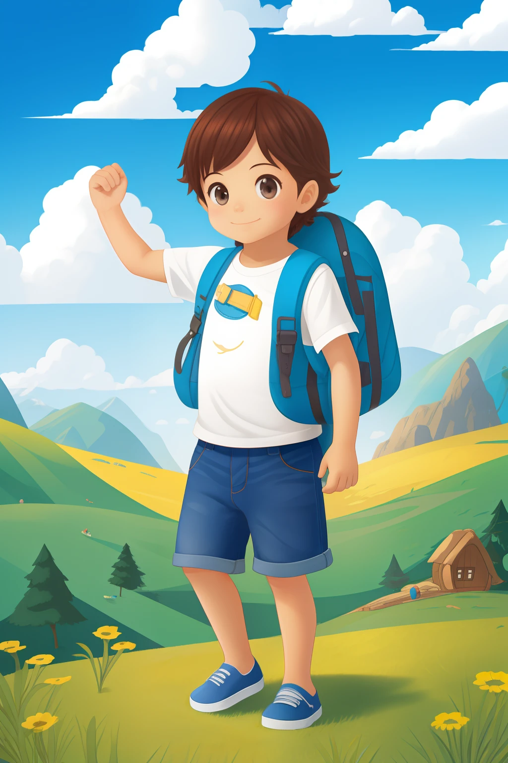 o pequeno explorador, various poses and expressions on white background, children's book ilustration style, simples, fofo, 6 anos, sem cores, cabelo castanho curto, cor lisa, camisa branca de manda comprida, shorts jeans sem cinto, sem chapeu, sem livro, sem oculos, sem mochila