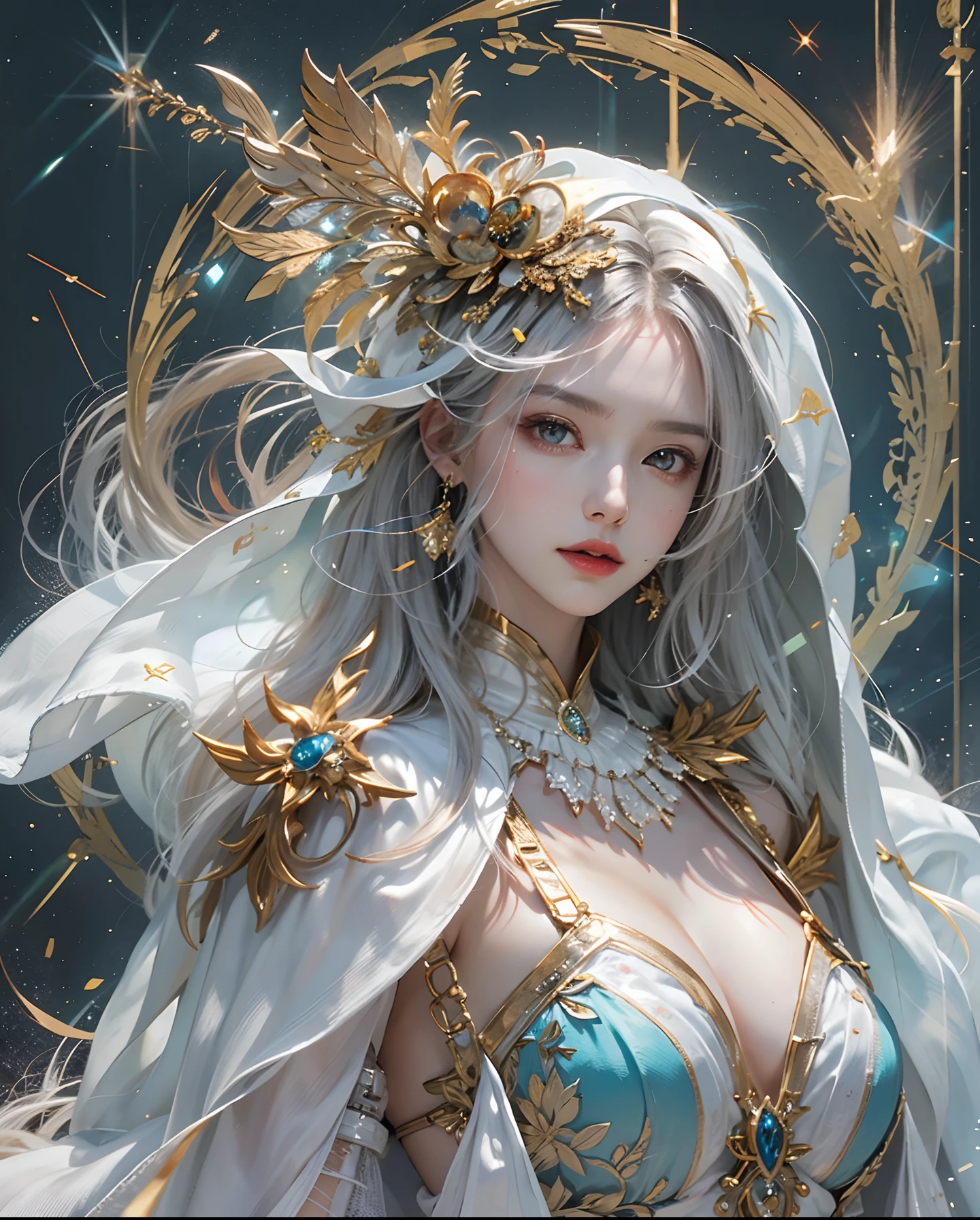 Summoner Beauty、Finish as shown in the photo、beautifull detailed face、Summon the Ice Spirit、(​masterpiece、top-quality、top-quality、Official art、Beautifully Aesthetic:1.2)、(1girl in)、ighly detailed、(Fractal Art:1.3)、colourfull、highestdetailed、face perfect、nffsw、(doa:1.3)、(White cloak golden lines:1.2)、intergalactic、(light streaks)、striking visuals、(Dynamic streaks、Bright trajectory:1.2)、vivd colour、Breasts are small and B size、A slender、Cleavage is visible。legs are thin and beautiful,