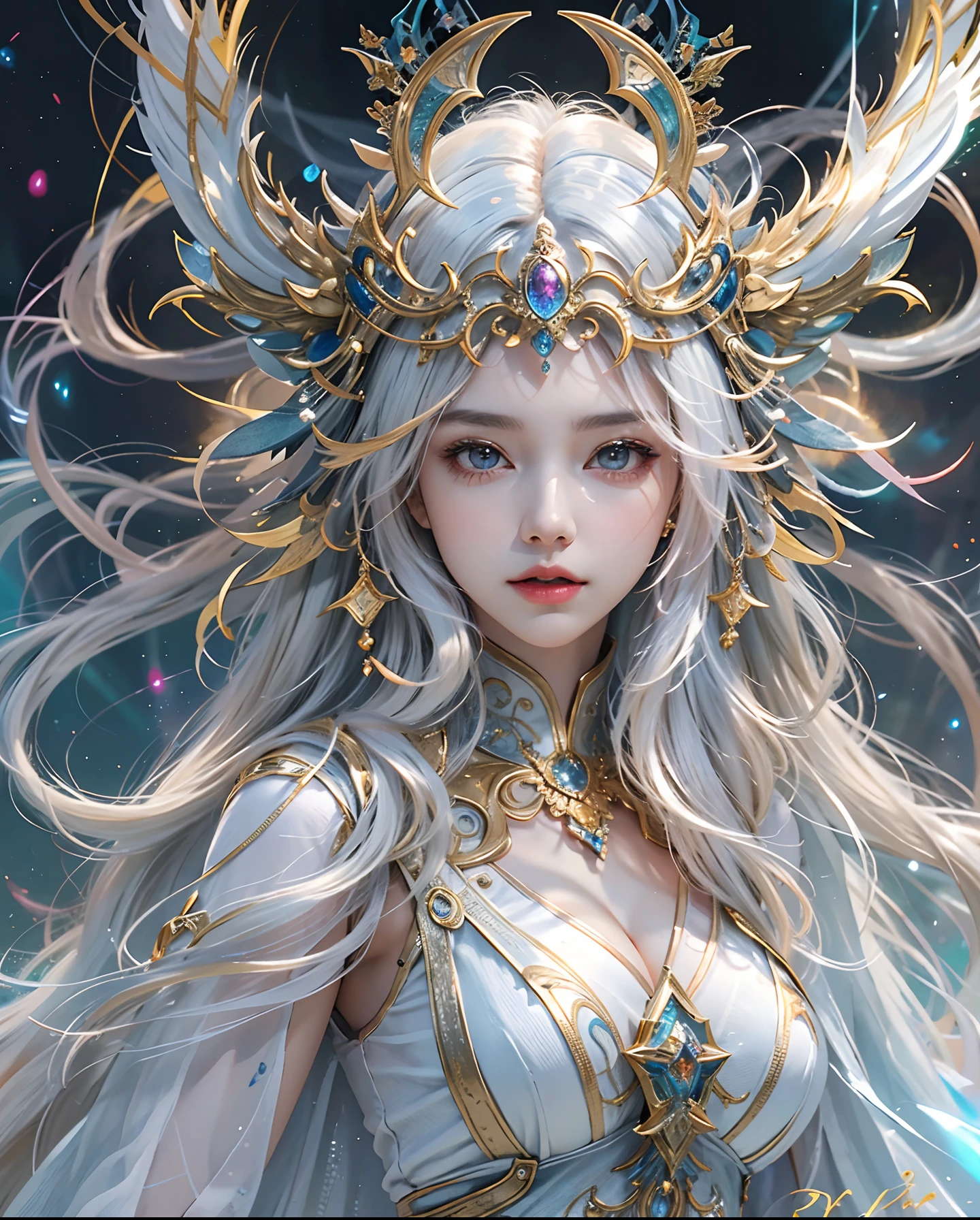 (masterpiece, Highest quality, Highest quality, Official Art, beautifully、aesthetic:1.2), (One person), Highly detailed eyes, (Fractal Art:1.3), colorful, Most detailed, (Perfect Face), Glowing Skin, High resolution, (White cloak, golden lines:1.2), Milky Way, (Streaks of Light), Impressive visuals, (Dynamic stripes, Light trail:1.2), Vibrant colors, (Phoenix), (Dragon)