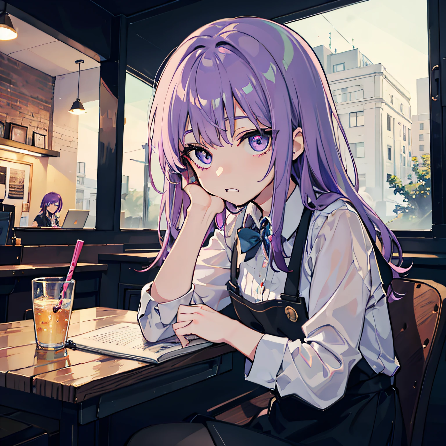 Beautiful woman Studying Focused face on desk Inside the café deep in the night murky nighttime scene starrysky Test Preparation Pupils Purple hair Beautiful eyes that seem to be sucked in