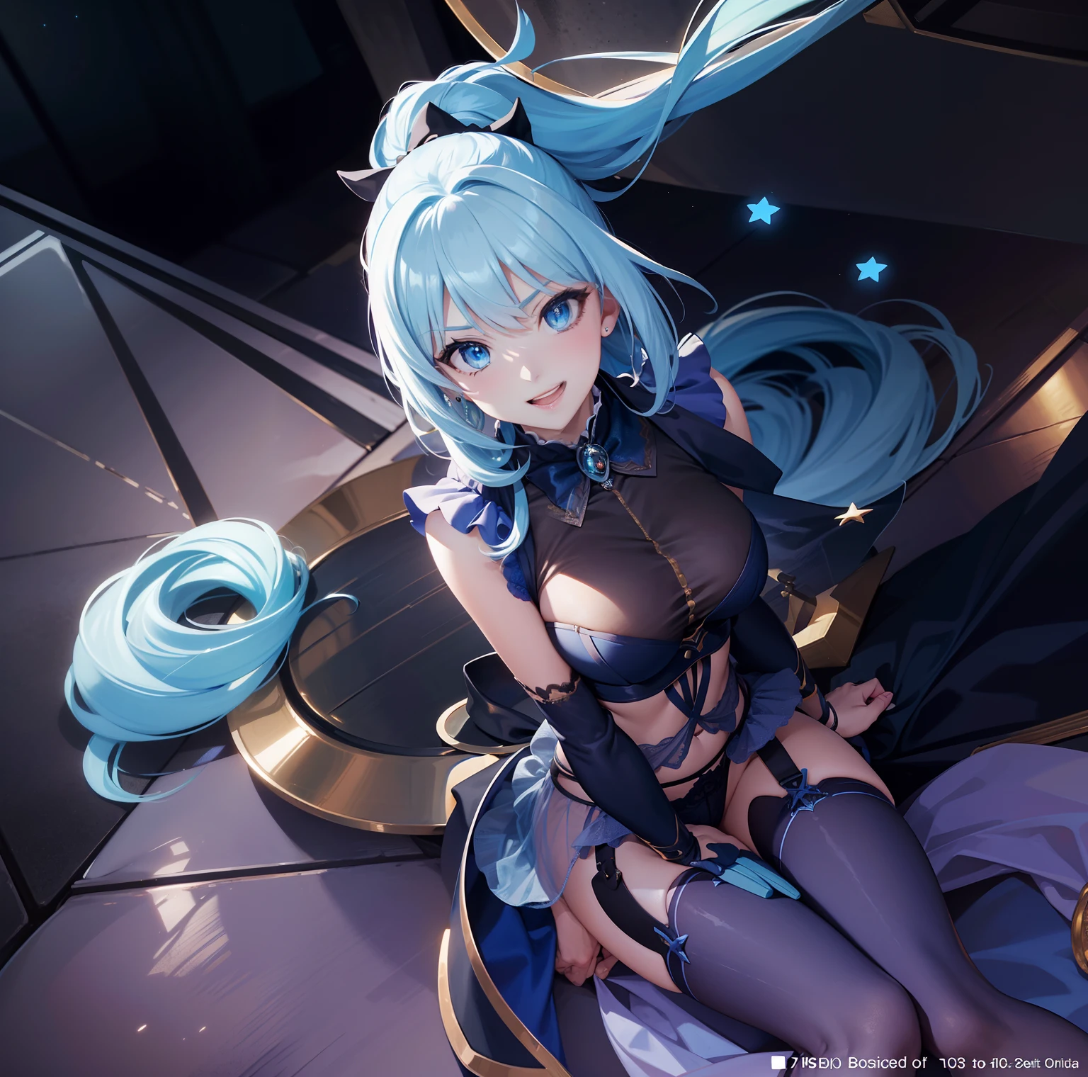 (Masterpiece), (Best quality),8k, A high resolution, Ultra detailed, Professional lighting, Photography, Mixed 4 adults, Perfect skin, model, Night, the huge moon, 1girll, Solo, Aqua_konosuba, Bottom view, Smug, Smile, Open mouth, Blue eyes, Light blue hair, Long hair, Gothic, ribbon, Hair Bow, a garter belt, lipstick, mitts, swollen sleeves, Sitting, Detailed background, Clear sky, stars, sickle