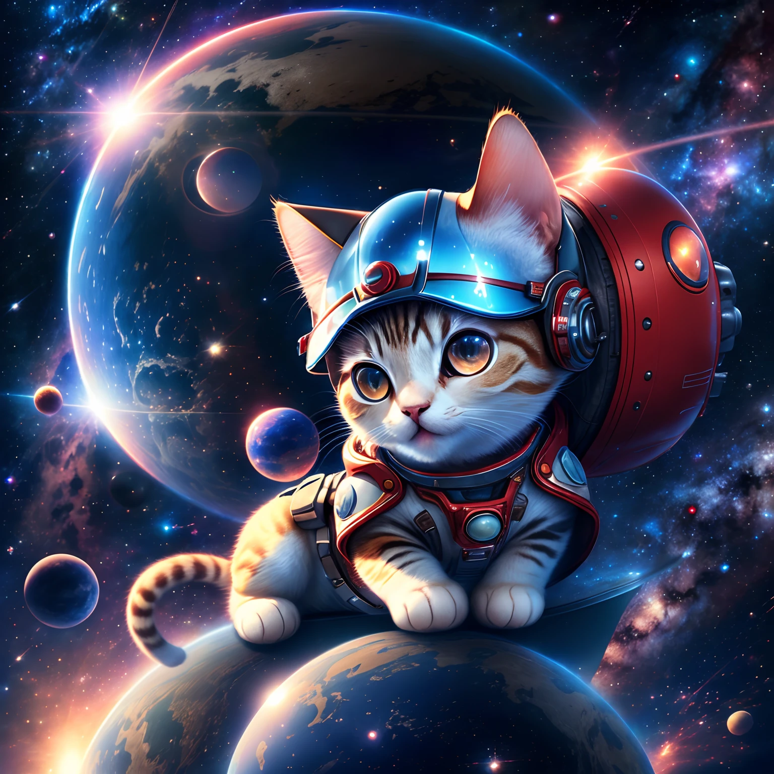 CG rendering of delicate scene, a cat, full character, big red eyes,wearing astronomy spacesuit and helmet, floating in blue sky by 2 planets, eyes focus, extremely detailed, ultra-wide shot, best quality, highres, Logo,perfect face,open mouth like smile, high resolution, Detail,