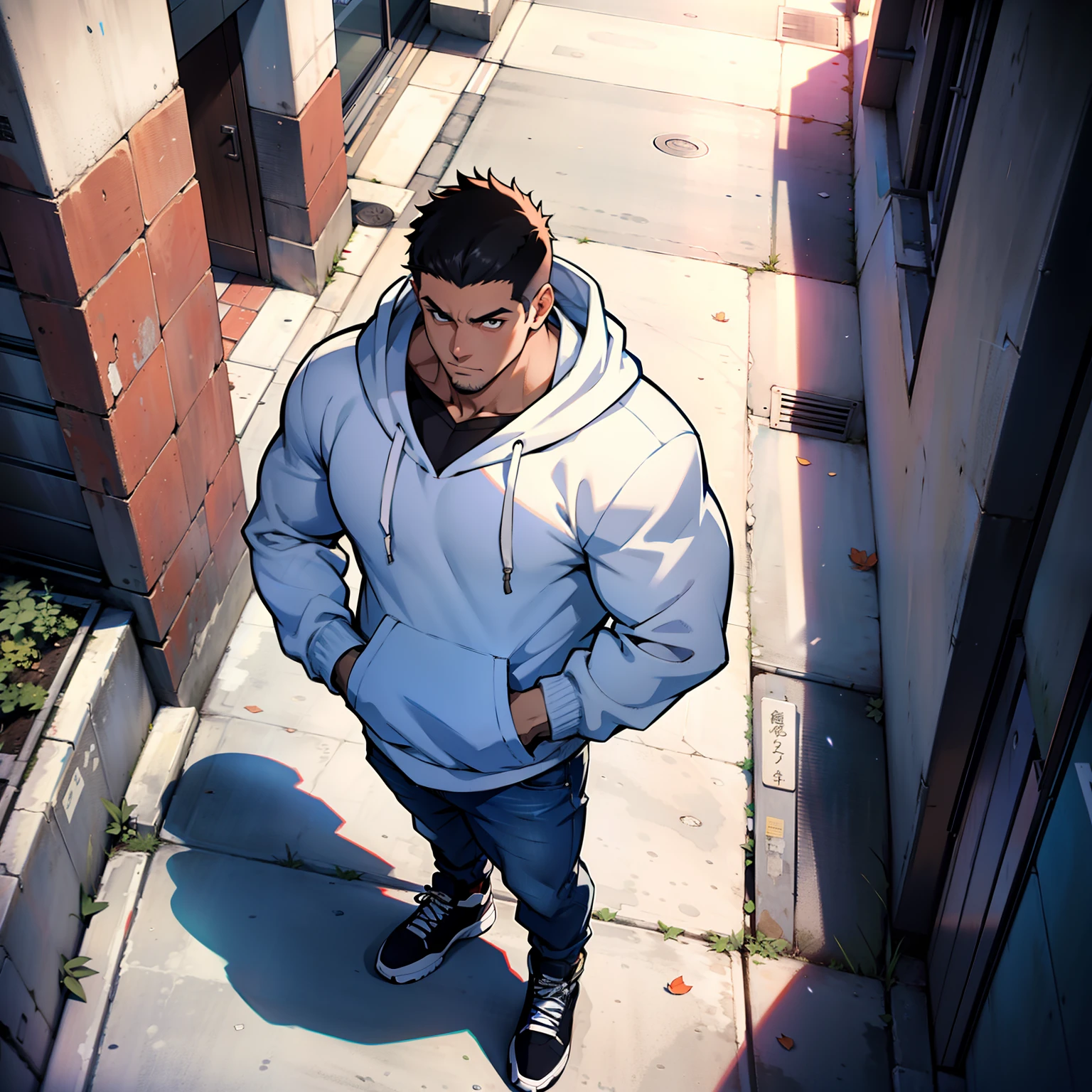 arte estilo anime, UPPER ANGLE, camera afastada, angulo amplo, Homem extremamente musculoso, corpo de bodybuilder, wearing white sweater with (((hood covering head))). vestindo jeans azul escuro, with your hands in your pockets, the Man is standing on the sidewalk of a busy avenue, muitas pessoas andando na rua, carros andando na rua, imagem superior de uma cidade movimentada, Protagonist with his hand in his pocket, UPPER ANGLE. arte estilo anime