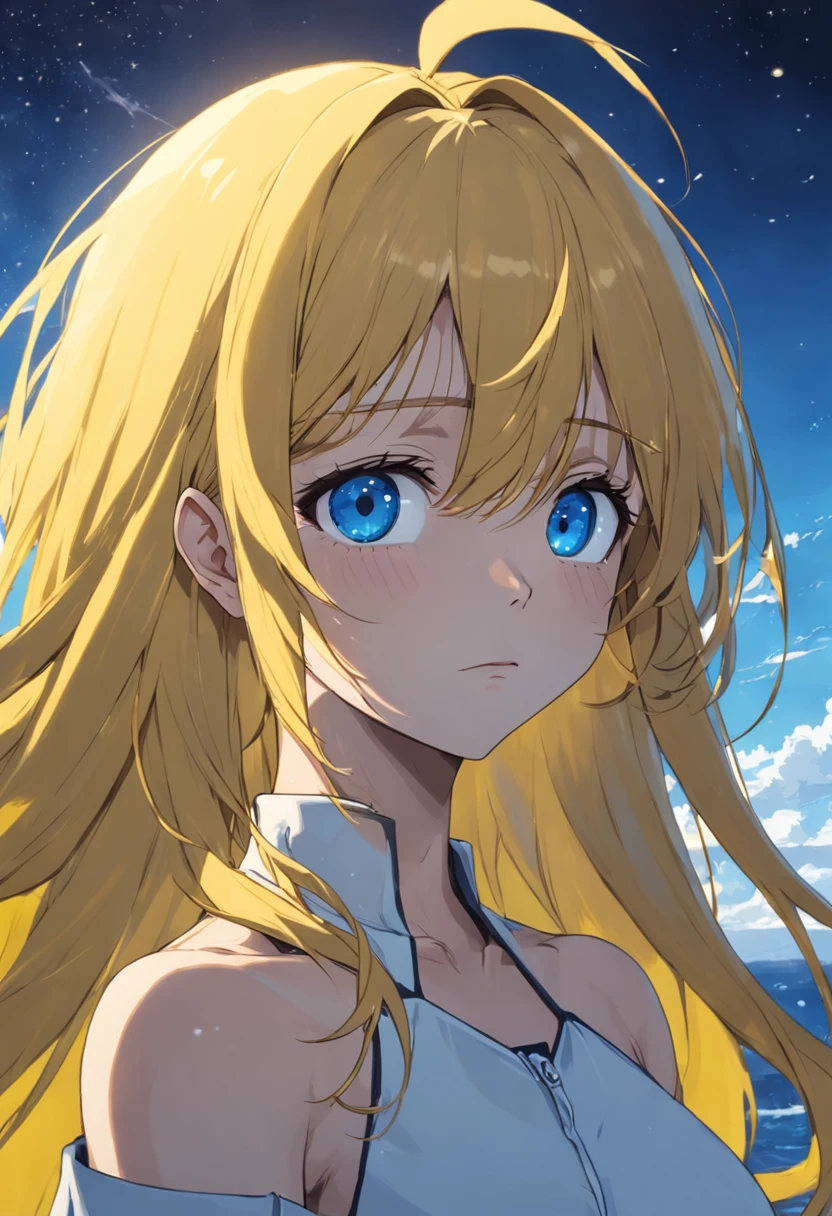 A long blone hair and blue sky eyes with Neon Genesis Evagelion 1995 art stlye