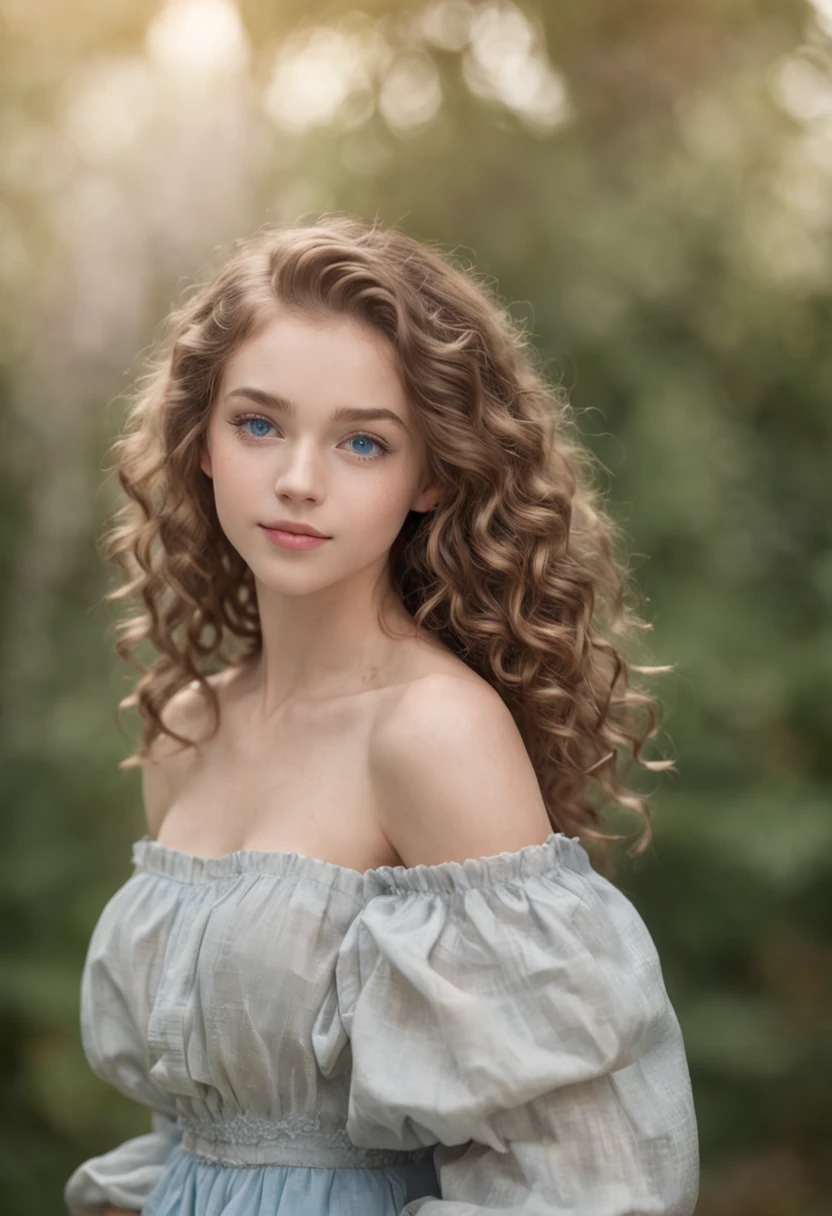 "Full body portrait of a charming girl with curly hair, petite figure, beautiful face, captivating blue eyes, and modest bust size, showcasing her natural beauty."