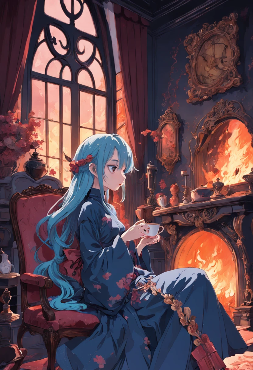 A woman drinking tea in front of the fireplace. Dans le style de James Jean. Dans le style Tim Burton. Neogothique.
