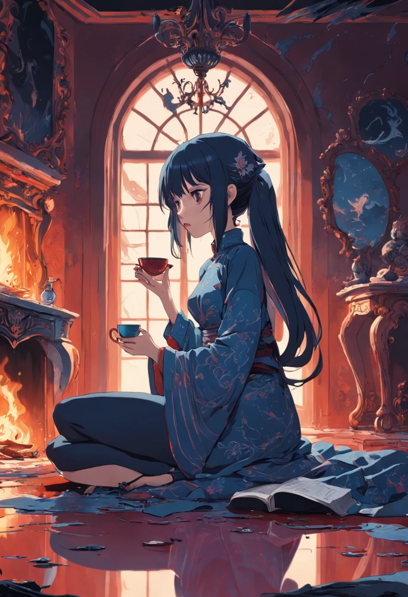 A woman drinking tea in front of the fireplace. Dans le style de James Jean. Dans le style Tim Burton. Neogothique.