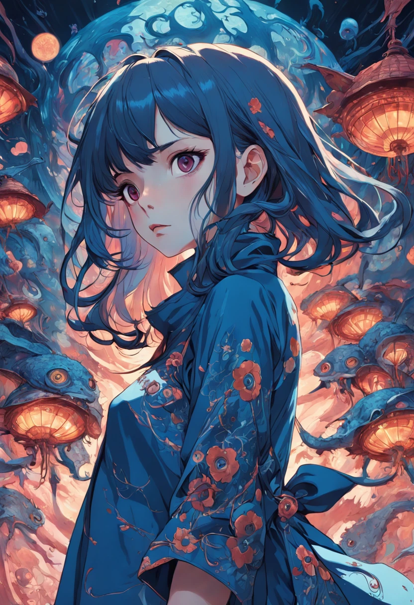 Iconic album cover, illustration with dozens of octopus tentacles surrounding a beautiful Asian girl, vivid big eyes, distorted characters, featuring dark academia, surreal manga style, limited perspective, dark preppy style , Daniel Gerhardt Style