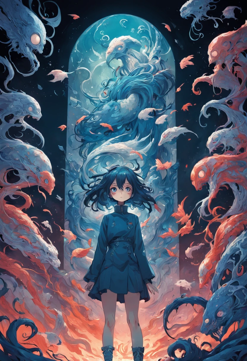 Une femme regardant une tarentule. Dans le style de James Jean. Dans le style Tim Burton. Neogothique.