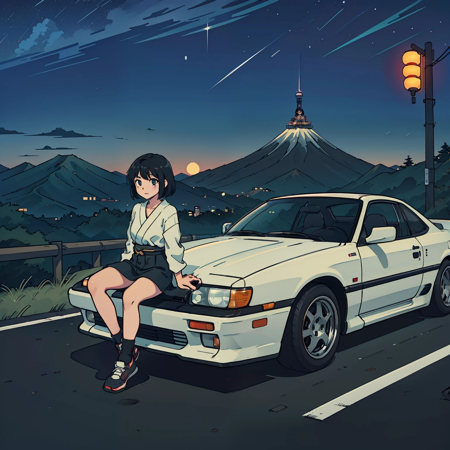 Japanese, woman, black hair, 90s clothes, sitting on car, toyota, tuned, night, eurobeat, drifting, tokyo background, mountain road, good composition, good quality
