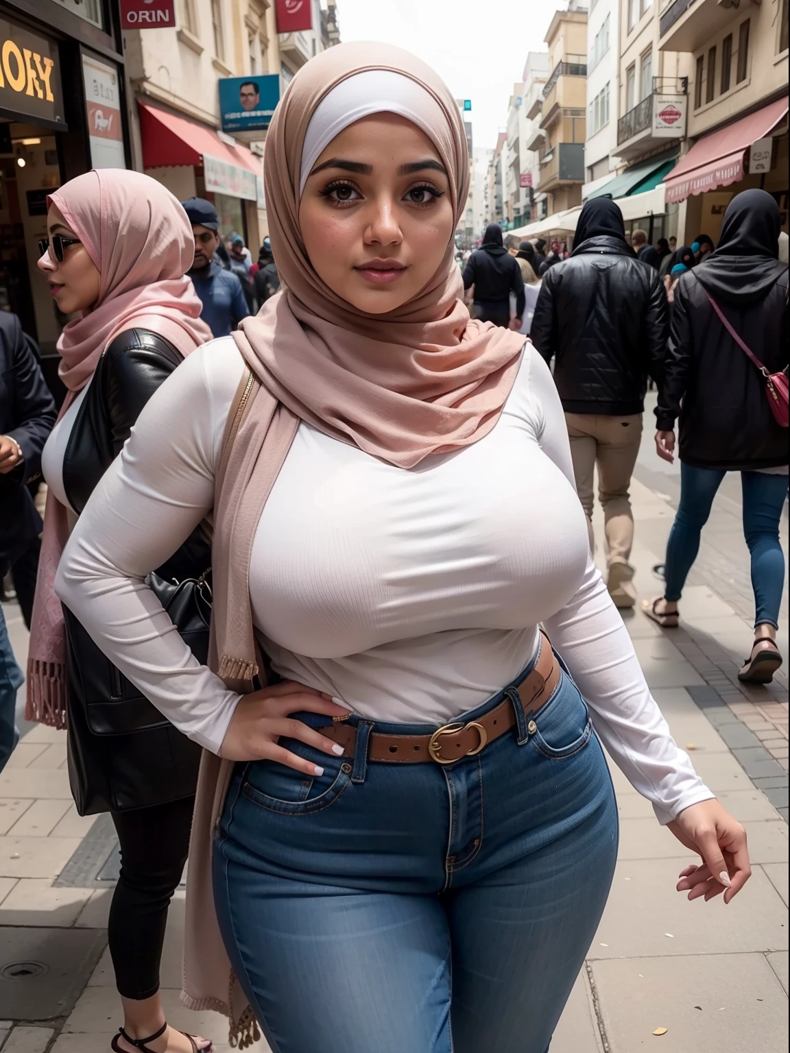 Malaysian woman (age 40), hijab no hair showing, cute face, extremely busty, comically busty, no bra, breasts sag low and natural, string panties, erect nipples, curvaceous body, hourglass figure, in a miniskirt and crop top, shopping and flirting in Bangkok, man hungry, lusty, no nudity, safe for work, A cute Malaysian woman, aged 40, wearing a hijab without showing her hair, stands out with her attractive face. She has extremely noticeable and well-endowed breasts, accentuating her curvaceous body with an hourglass figure. She confidently struts around in a fashionable miniskirt and a stylish crop top, drawing attention to her alluring appearance. As she explores the bustling streets of Bangkok, she effortlessly exudes an aura of confidence and charm, captivating those around her. The air is filled with excitement as she indulges in a shopping spree, displaying her vibrant personality and zest for life. With an appetite for connections and passion, she engages in flirty encounters, leaving men captivated and craving for more. The scene is full of anticipation and desire, as she navigates the vibrant city with grace and allure, making every moment a lust-filled adventure. The artwork exudes high quality, bringing out the richness of details in the woman's captivating features and the vibrant surroundings. Through realistic and vivid colors, the image takes on a photorealistic style, accentuated by expert lighting techniques. The overall composition evokes a sense of intrigue and seduction, capturing the essence of this Malaysian woman's empowering presence in the cosmopolitan ambiance of Bangkok. No nudity, safe for work