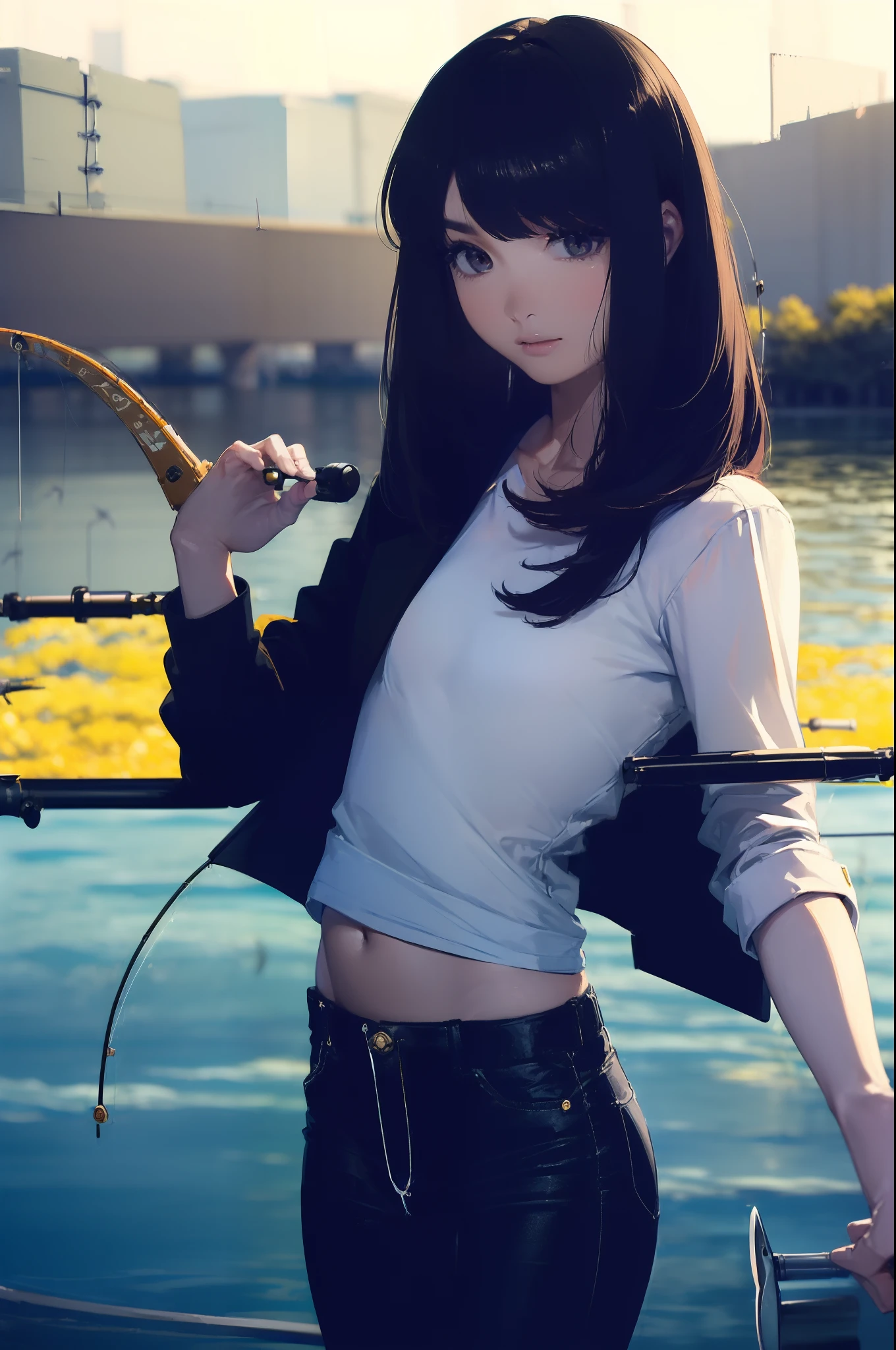 ((((having a fishing rod with a reel by the lakeside:1.5)))),((Female 28 years old)),((Best Quality:1.5)),(((Hands with the correct number and structure of fingers:1.4))),((Big fish:1.37)),hight resolution,ultra-detailliert,masterpiece,best qualtiy,(Eight-headed body),Black hair, long eyes-lashes, Solid Circle Eyes, drop shadow, Atmospheric perspective,Super Detail, ccurate, small brest,(Black jacket and black jeans :1.1),top-quality, blurry backround, bokeh dof:1.2, (masterpiece:1.3), Atmospheric perspective,Super Detail,dynamic compositions,
