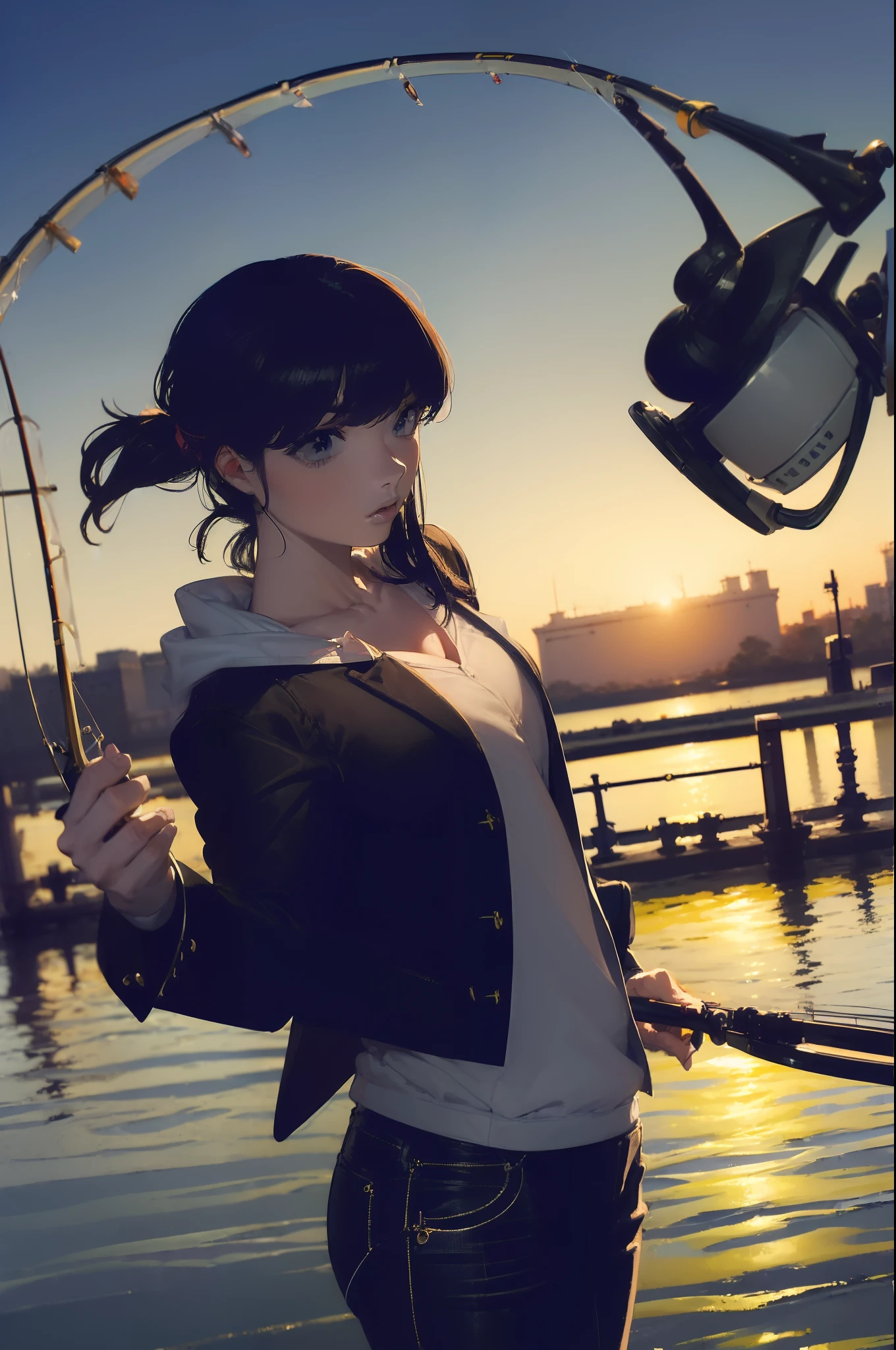 ((((having a fishing rod with a reel by the lakeside:1.5)))),((Female 28 years old)),((Best Quality:1.5)),(((Hands with the correct number and structure of fingers:1.4))),((Big fish:1.37)),hight resolution,ultra-detailliert,​masterpiece,best qualtiy,(Eight-headed body),Black hair, long eyes-lashes, Solid Circle Eyes, drop shadow, Atmospheric perspective,Super Detail, ccurate, small brest,(Black jacket and black jeans :1.1),top-quality, blurry backround, bokeh dof:1.2, (​masterpiece:1.3),  Atmospheric perspective,Super Detail,dynamic compositions,