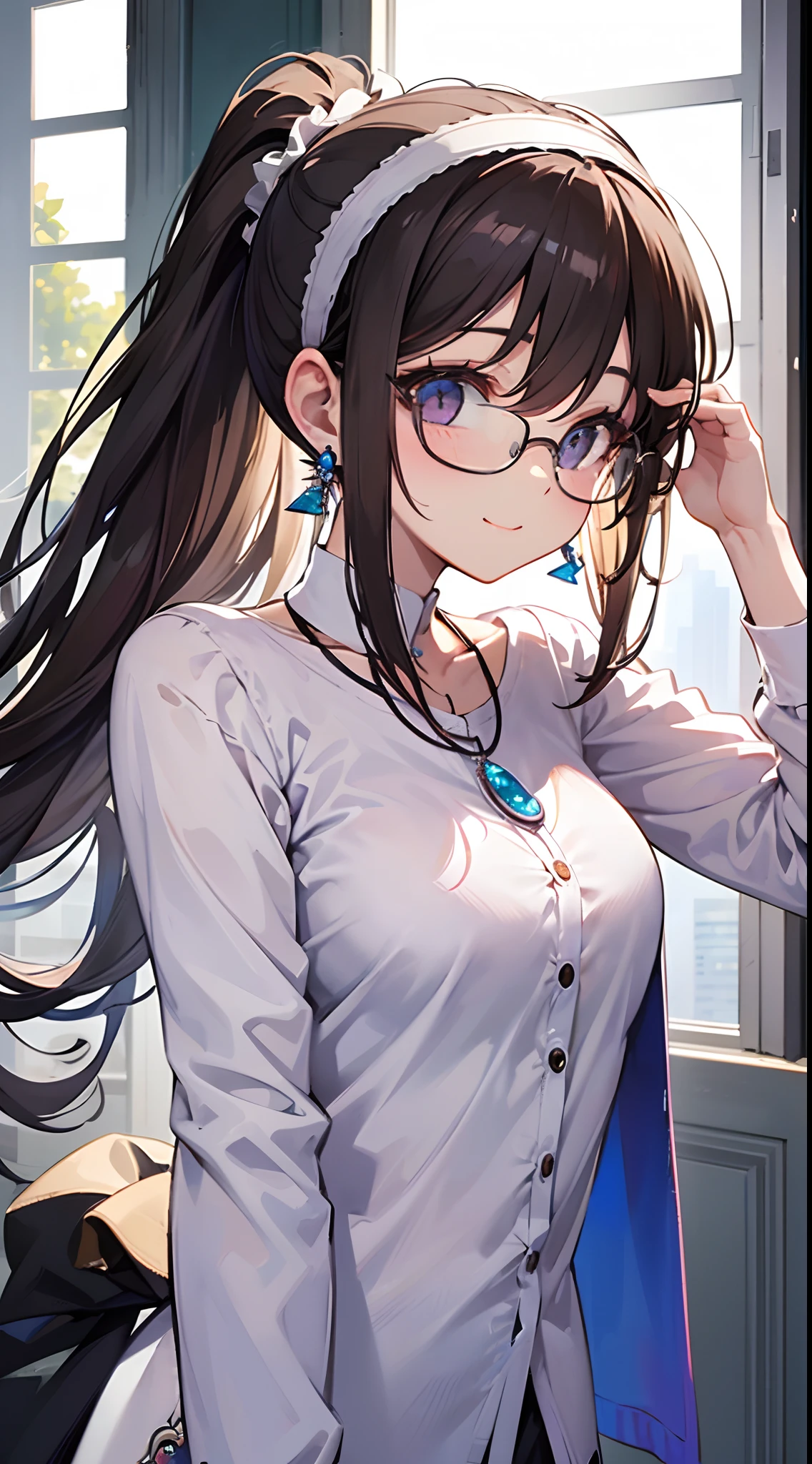 ((masterpiece:1.3)), ((best quality:1.2)), (ultra-detailed:1.2), ((kawaii)), cute, (lovely), ((sexy)), (ero), ((extremely detailed)), 4K, (8K), best quality, (beautiful), anime style, upper body, close-up of face, detailed face, focus on the face, full body focus, in the room, ((on the balcony:1.2)), morning, a cute girl, 1girl, solo, sweater, jeans, ((beautiful very dark brown hair)), beautiful purple eyes, ((beautiful eyes with highlights:1.4)), white-skinned, ponytail, transparent hair, translucent hair, large breast, glasses, earrings, smile, blush, lens flare, wind effect, shiny-glistening, gleaming, reflection effect