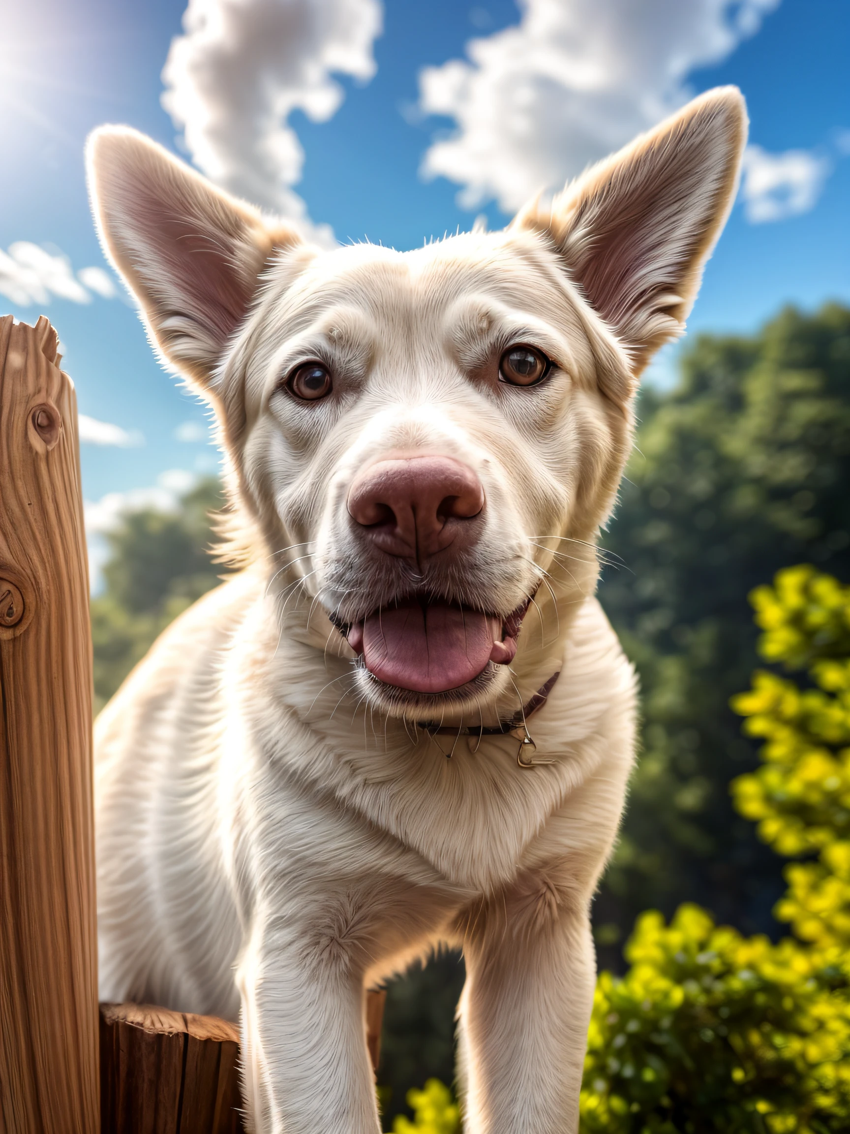 detailed and realistic portrait for a serene and picturesque scene of a white dog standing on a wooden post with a blue sky in the background, happily smiling at the camera, soft natural lighting, portrait photography, magical photography, dramatic lighting, photo realism, ultra-detailed, Leica 35mm, f1.4