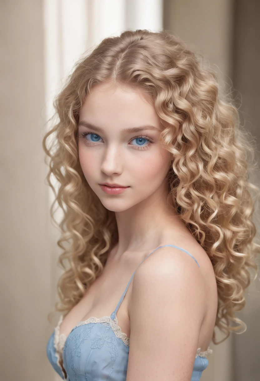 (full body portrait), young pretty pale woman with curly light hair, kleine Figur, Beautiful face, Fesselnde blaue Augen, und bescheidene Oberweite,