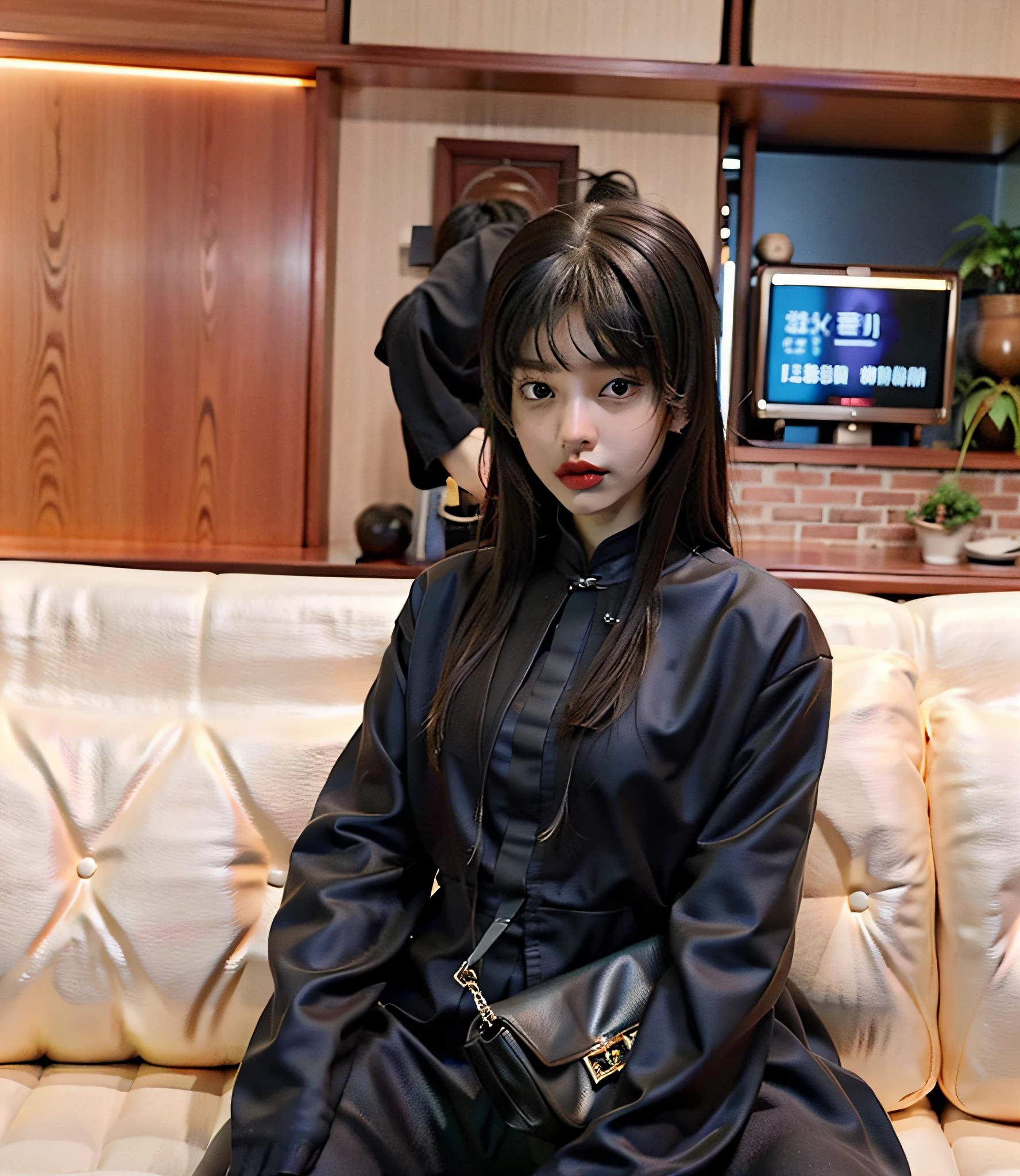 there is a woman sitting on a couch with a purse, wearing japanese techwear, xintong chen, wearing black modern clothes, wenfei ye, ulzzangs, 🤤 girl portrait, personal profile picture, chiho, wearing black clothes, wearing a black noble suit, full-body xianxia, Handsome girl, lo fi, Zhang Wanting, cruel korean goth girl