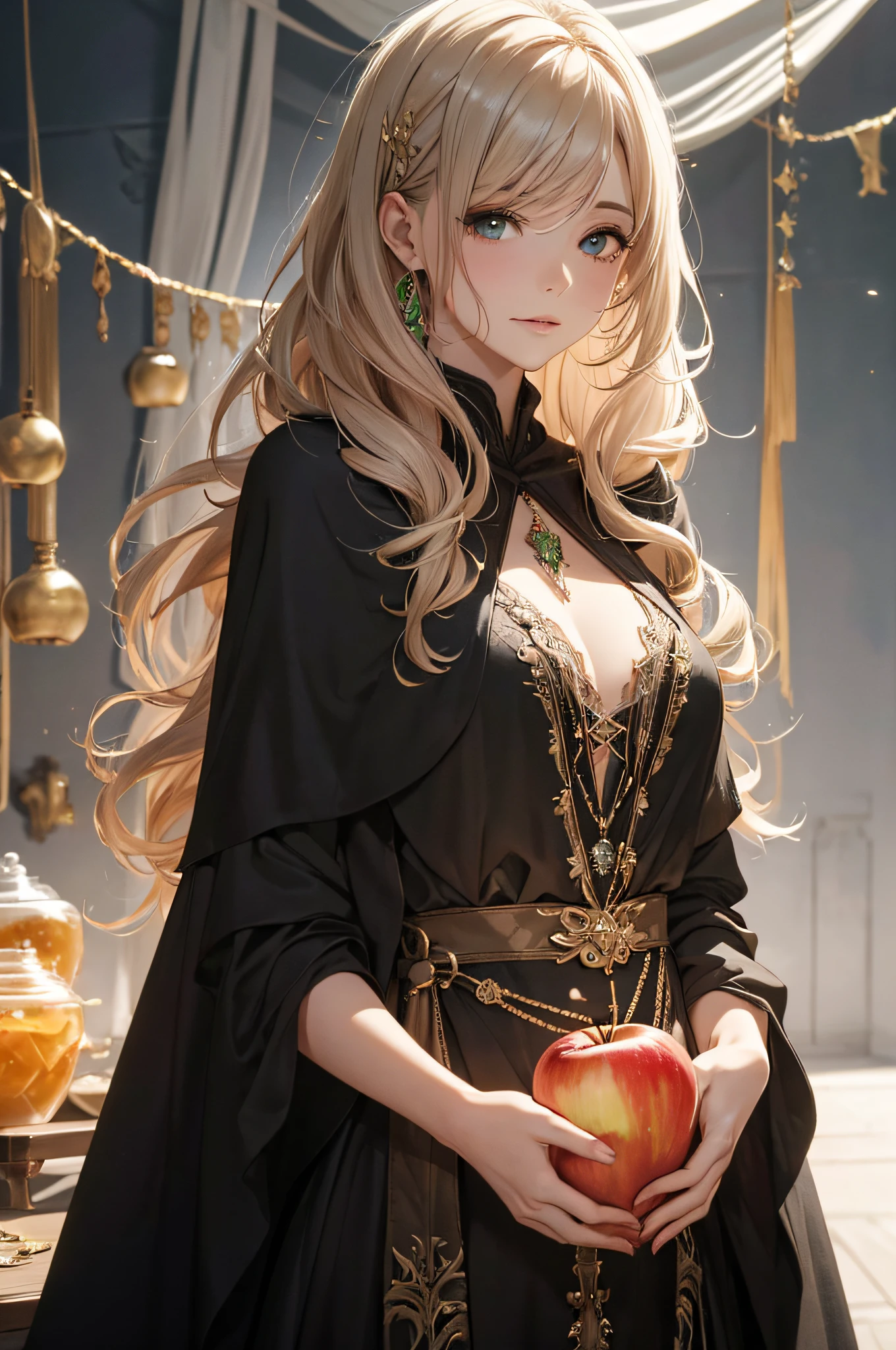( 8k, premiados, best quality), High definition, Super Detalhe, alto detalhamento, anatomicamente correto, Perfect illustration, (masutepiece: 1.3), Poisoned Apple Witch, The green liquid boils in a black cloak in a large pot, The triangle has, focinho longo, rosto branco, Rugas, Enredo algo、Detailed hand、dedo detalhado、mulheres idosas