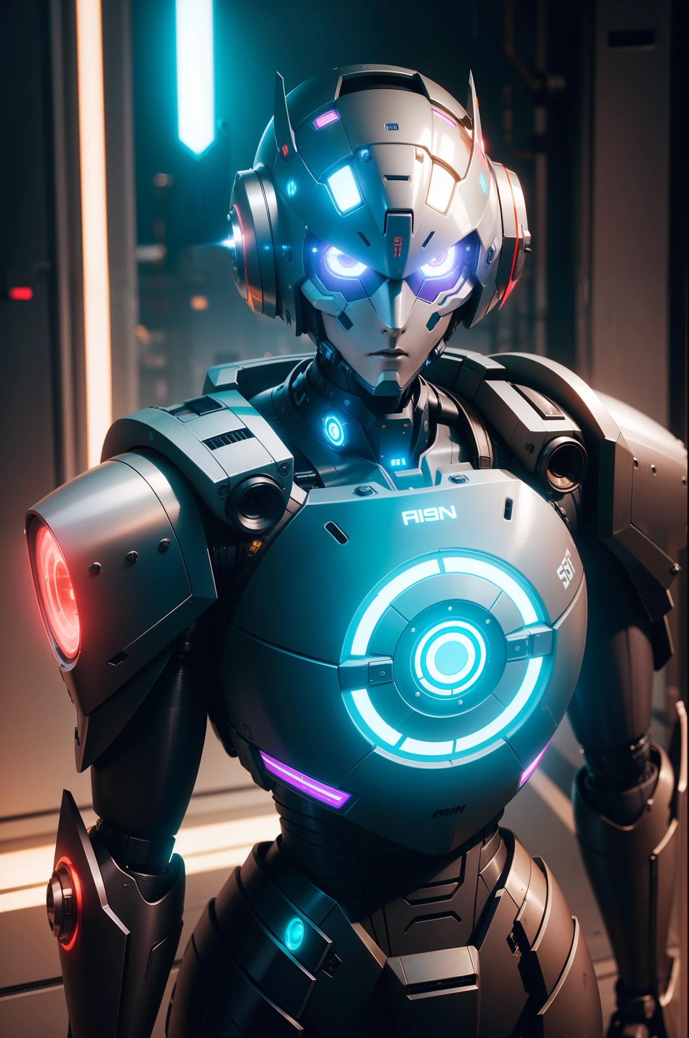 a closeup of a mshn robot, futobot, cyborg, using cyberhelmet shiny circle, battle armor, mshn factory, tubes connected to neck, photorealistic neon light, masterpiece, best quality, 35mm film, film grains, cyberpunk, EbonyGoldAI