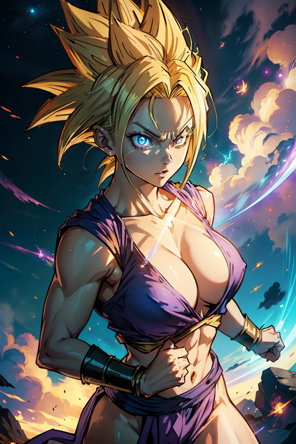 ((female gohan)), dragon ball z ,super sayian, fighting, short hair, yellow eyes, adult, sky, big breasts, purple gi, blonde hair, gloom, detailed face, blue eyes, ((Glowing eyes)), muscular, lean, ((surrounded by aura)), ((flying in the sky)), clouds, hd quality, high atmosphere